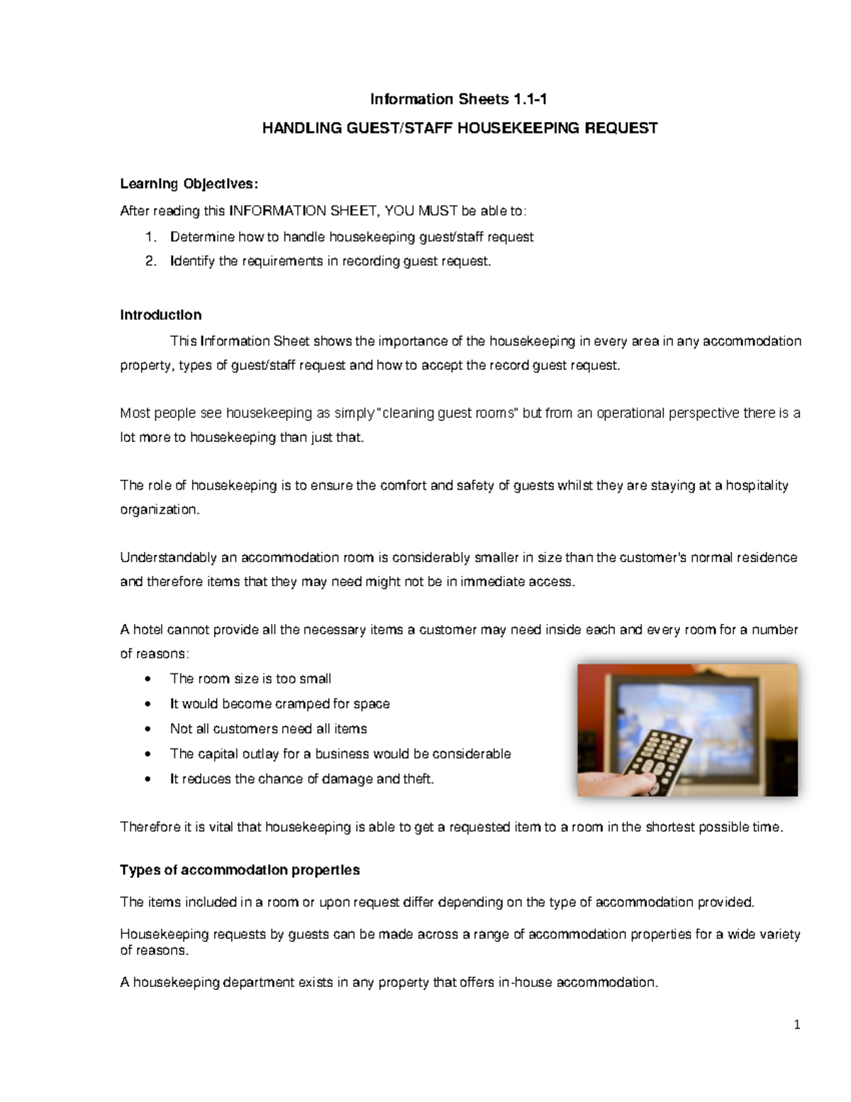 LO 1 Receive Housekeeping Requests Information Sheets 1 HANDLING