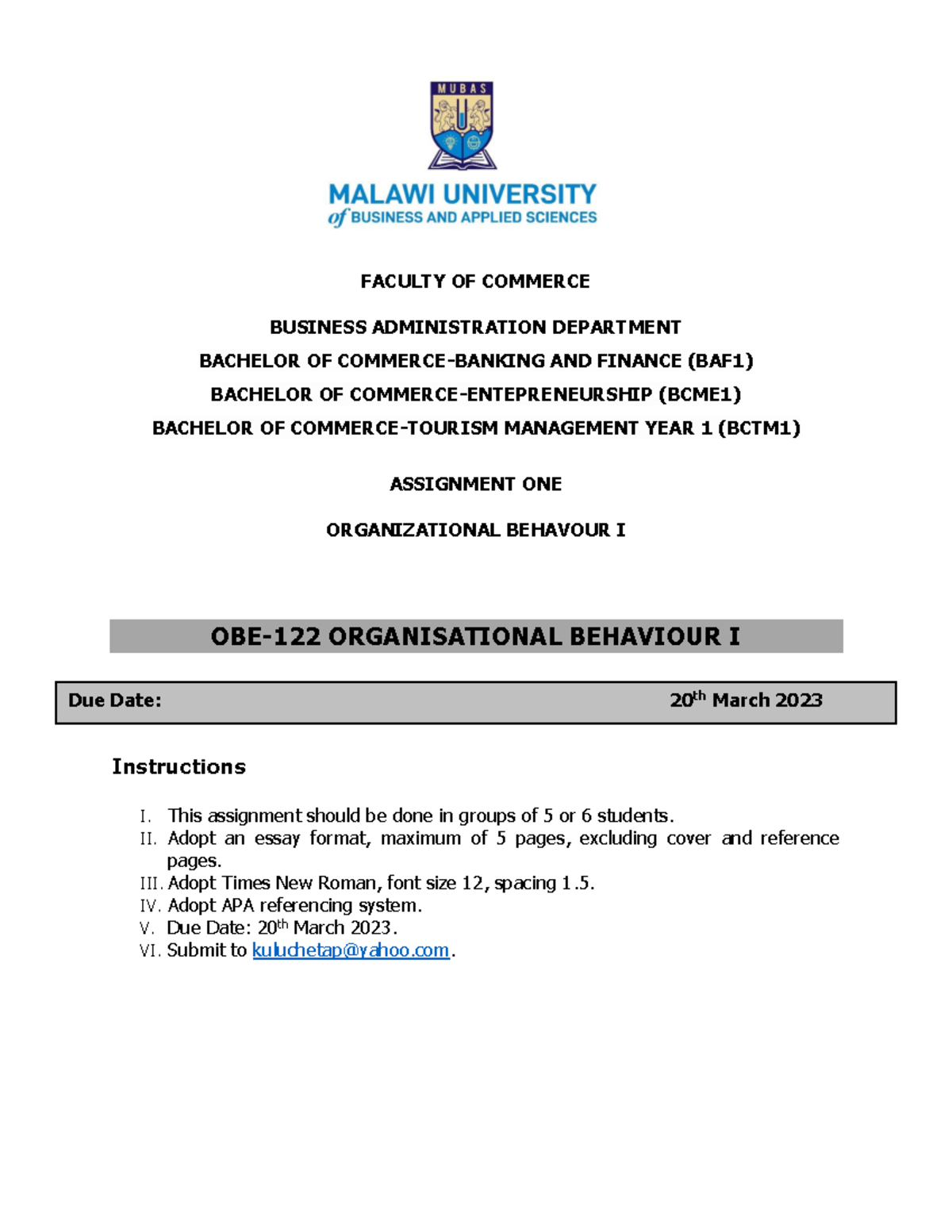 Obe I Assignment I 2023 Mubas - FACULTY OF COMMERCE BUSINESS ...
