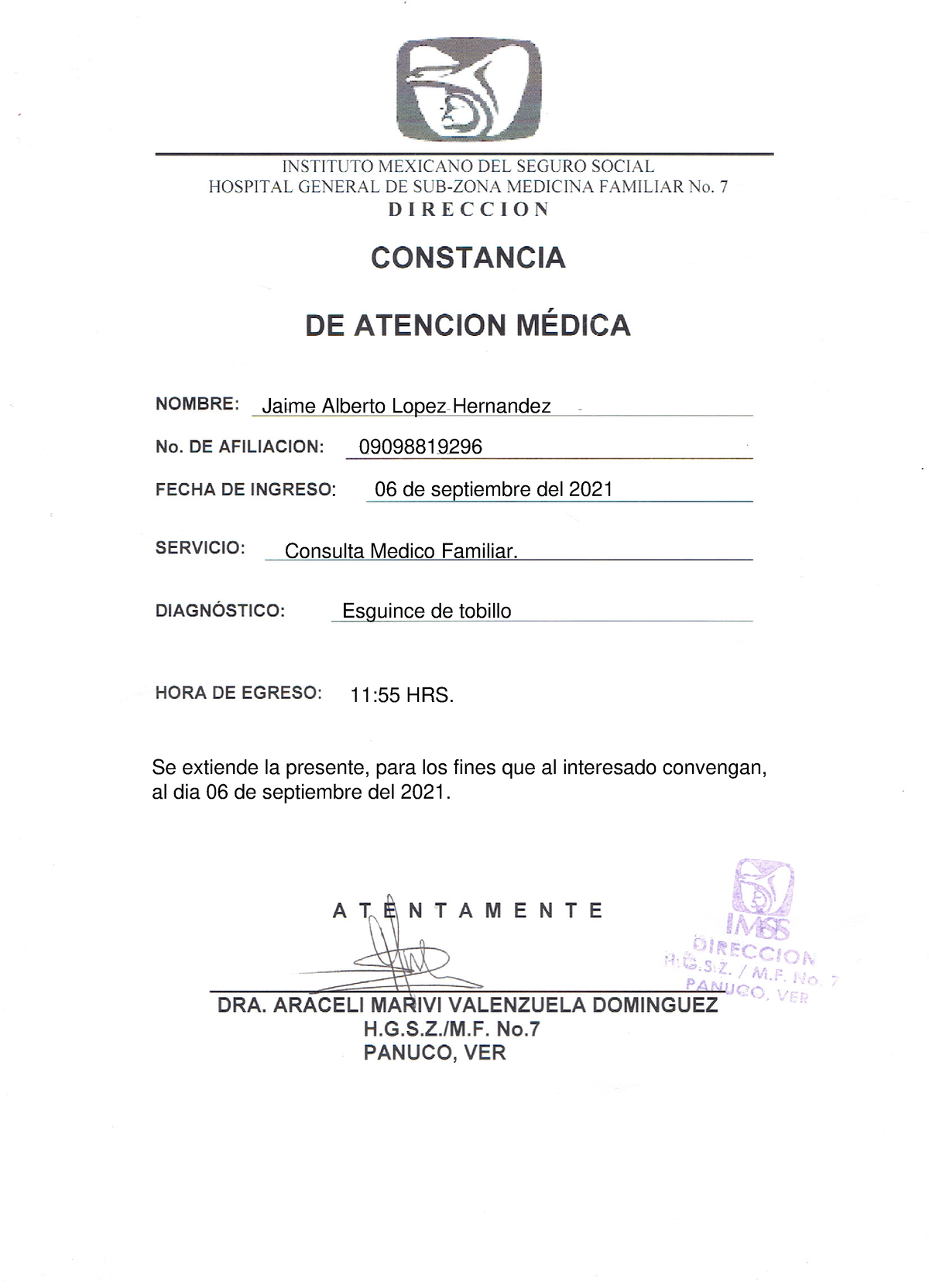 Constancia Atencion Medica Imss Victor Alberto Moreno Galero