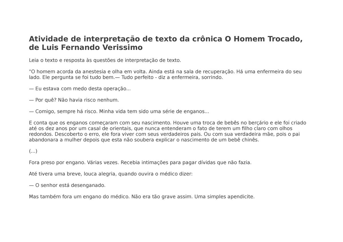 Atividade De Interpretação De Texto Da Crônica O Homem Trocado