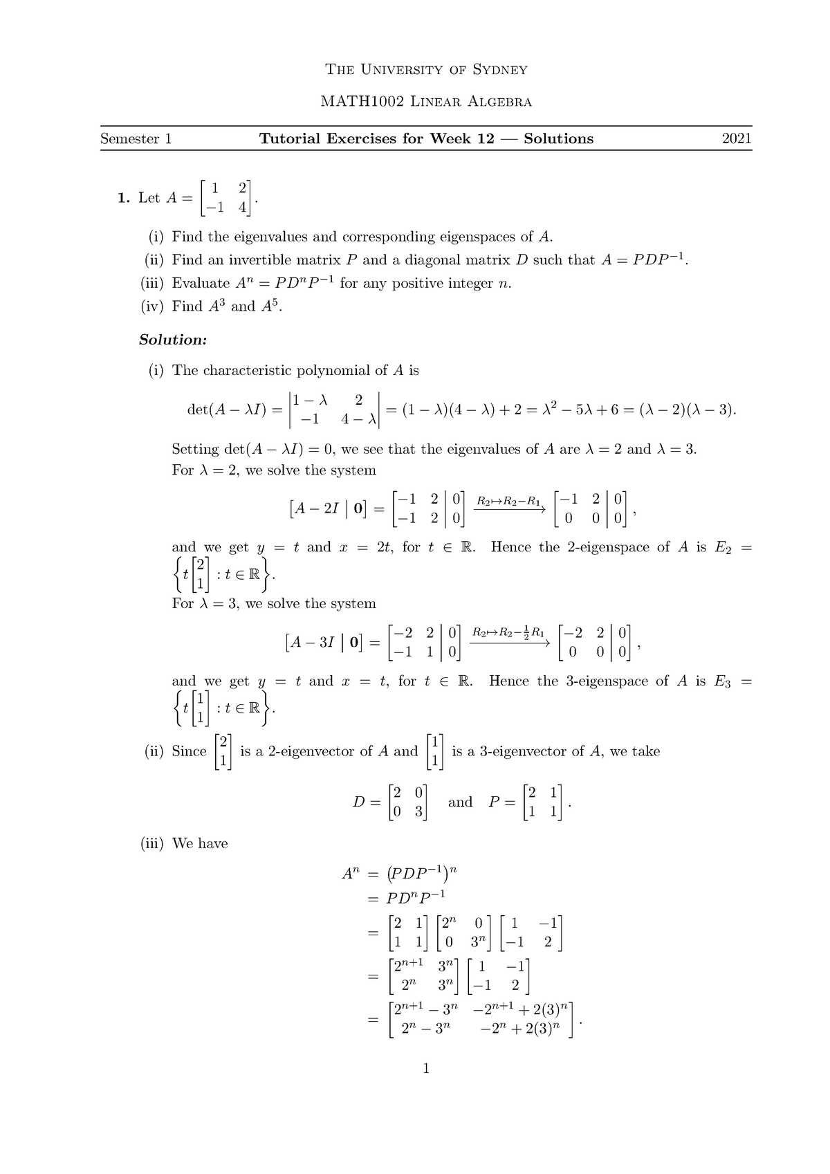 Week 12 Tutorial Solutions - The University of Sydney MATH1002 Linear ...