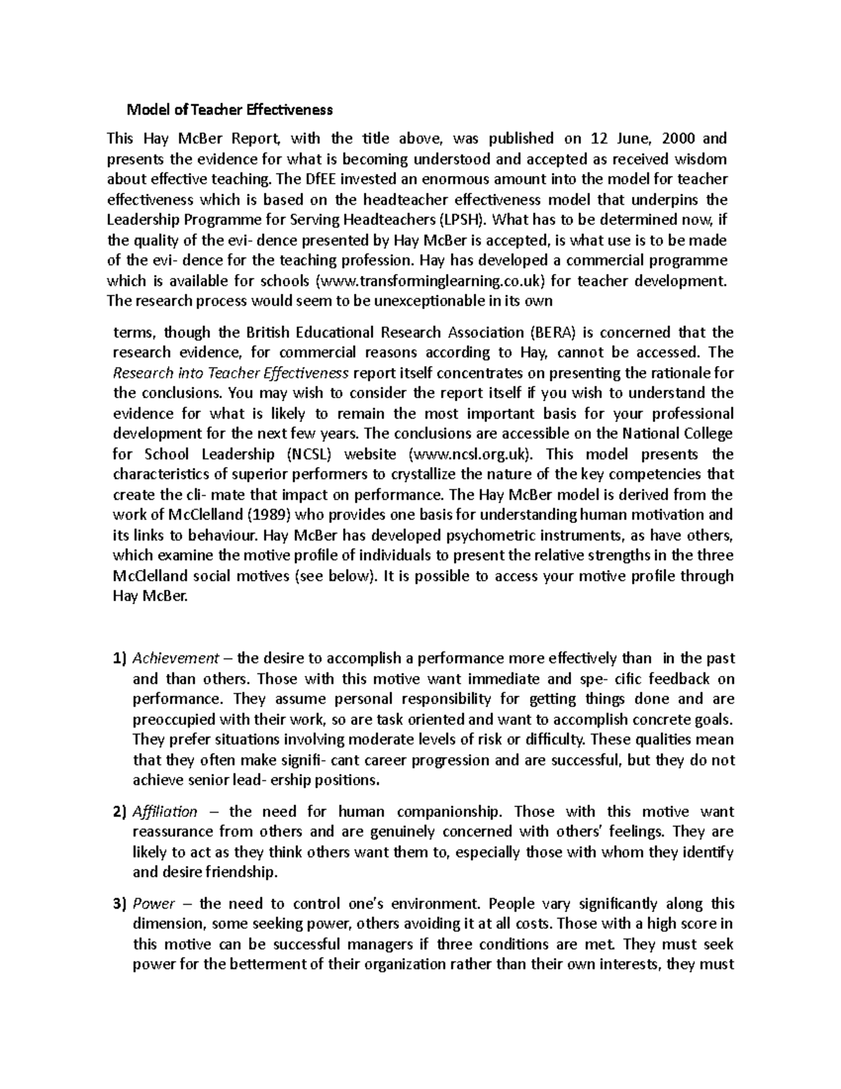 Model of Teacher Effectiveness The DfEE invested an enormous amount