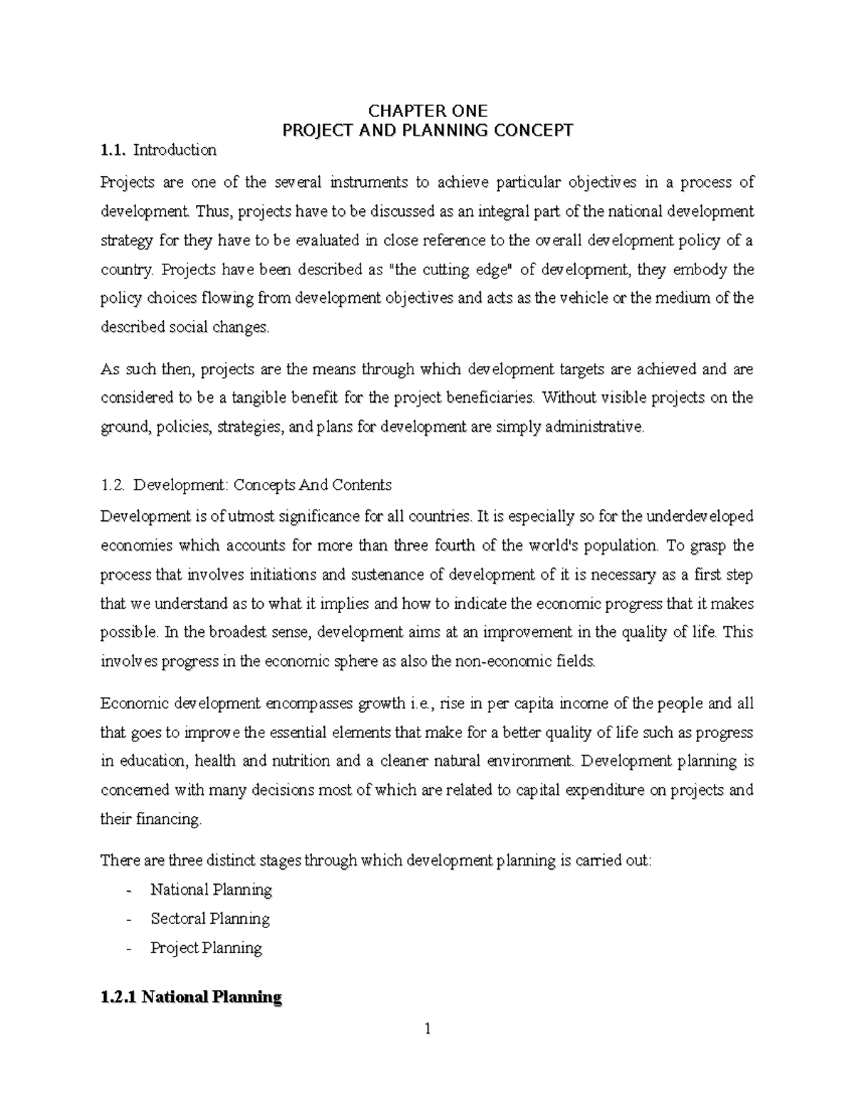 Chapter ON1 - very good - CHAPTER ONECHAPTER ONE PROJECT AND PLANNING ...