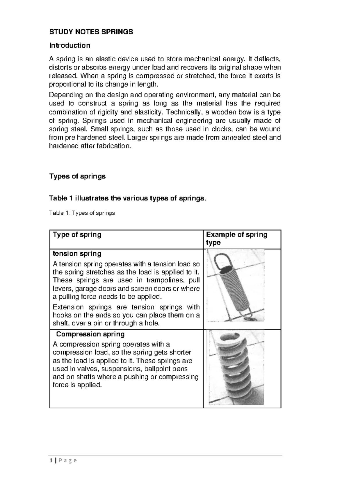 Study Notes - Springs - STUDY NOTES SPRINGS Introduction A spring is an ...