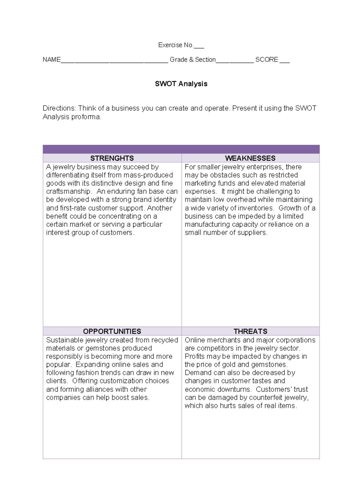 SWOT Analysis 2.0 - Exercise No.___ NAME ...