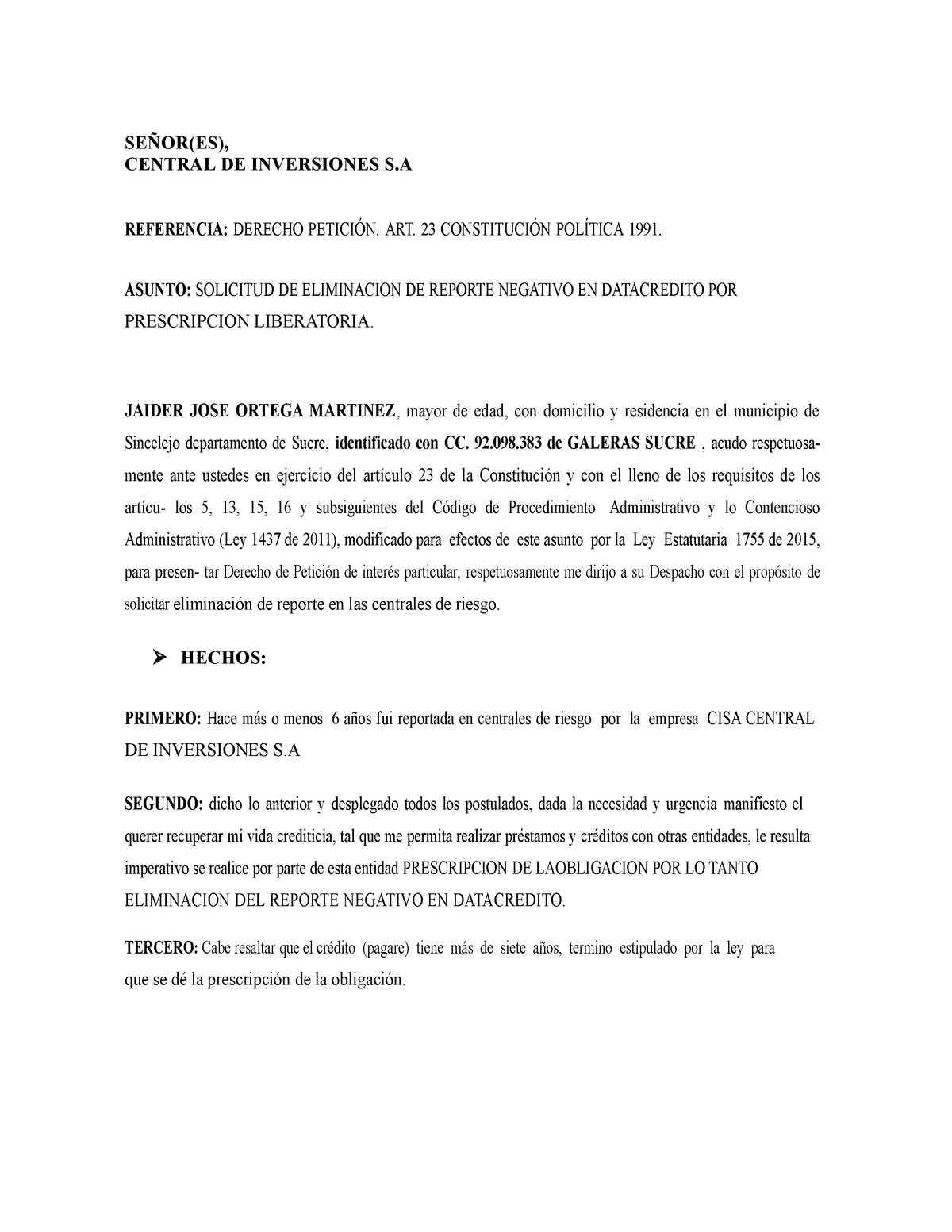 Modelo de datacredito - copia - SEÑOR(ES), CENTRAL DE INVERSIONES S ...
