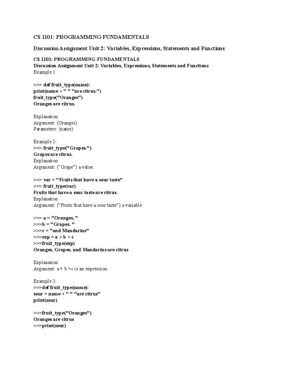 CS 1101 Discussion Assignment Unit 2 Term 2 - CS 1101: PROGRAMMING ...