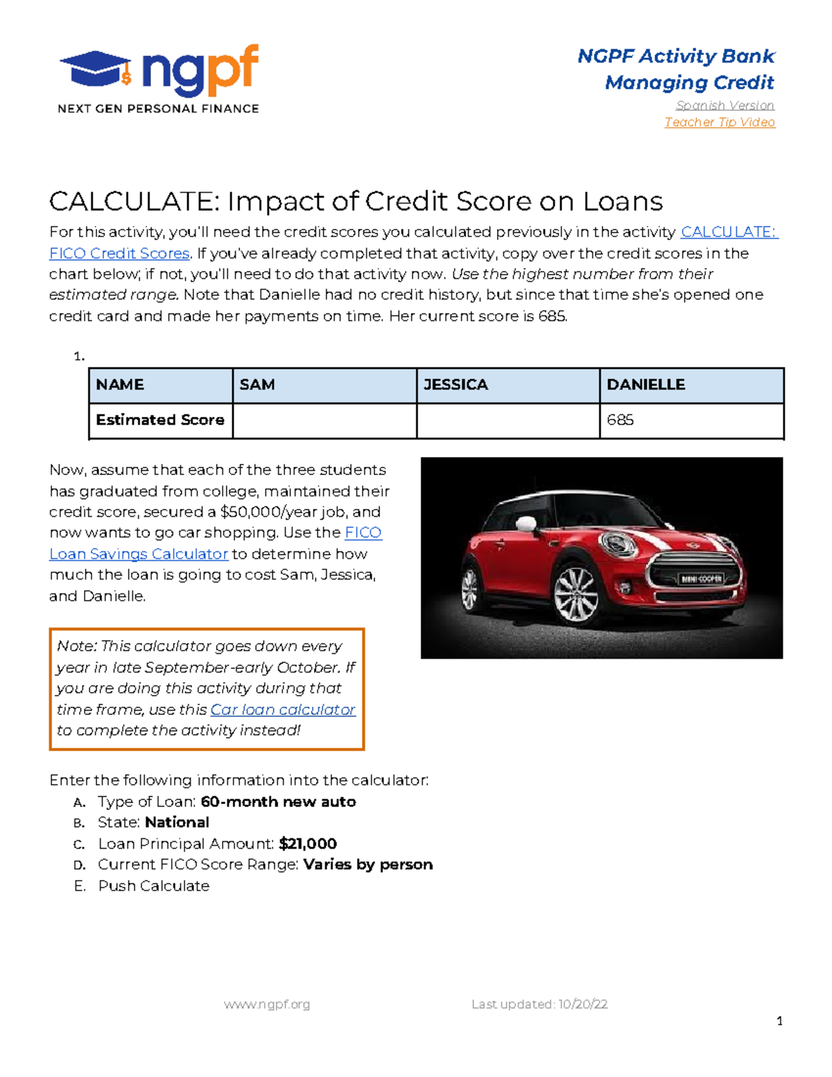 Copy of Calculate Impact of Credit Score on Loans - NGPF Activity Bank ...