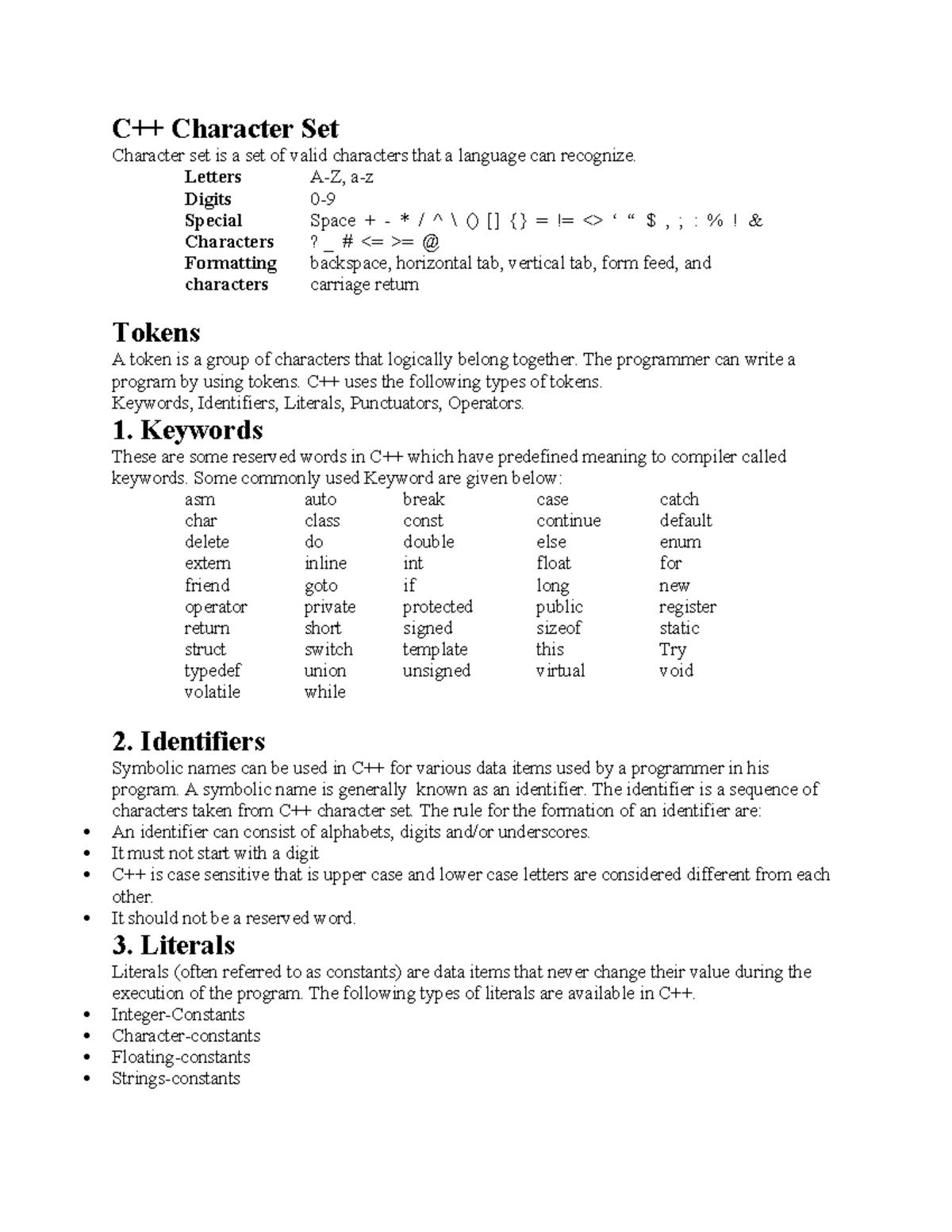 C++ notes for 1st year - C++ Character Set Character set is a set of ...