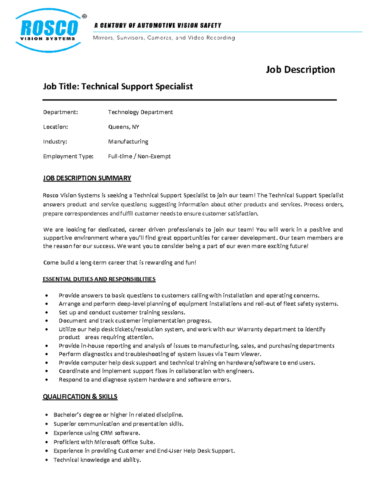 JOb Description- Technical Support Specialist - Job Title: Technical ...