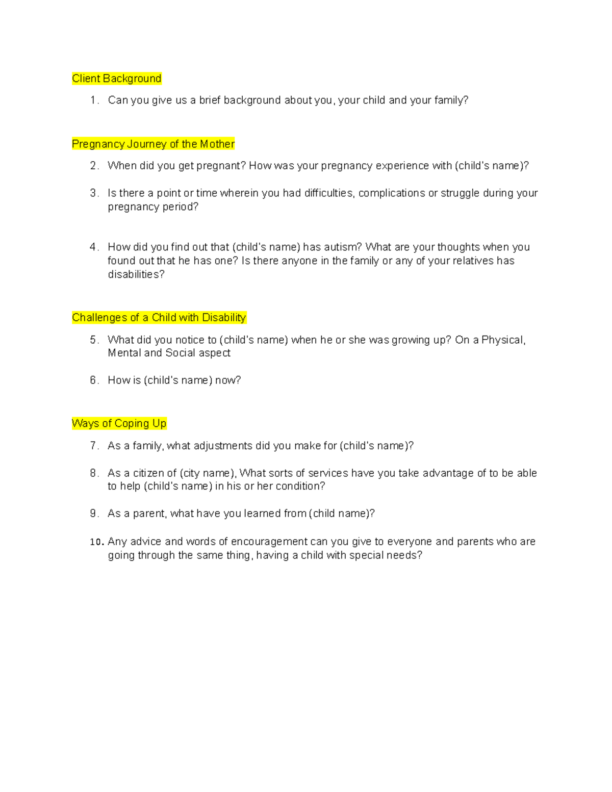 PsychInterview Questions Client Background Can you give us a brief