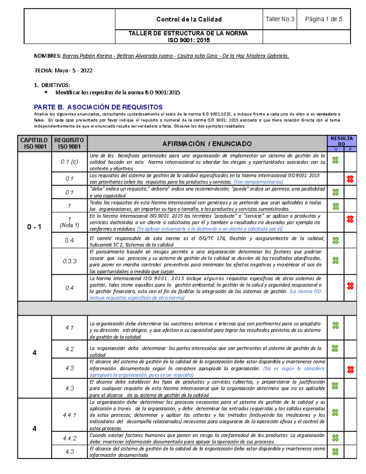 Taller 3 Estructura De La Norma Iso 9001 Version 2015 Control De La Calidad Taller No Página 1 8680