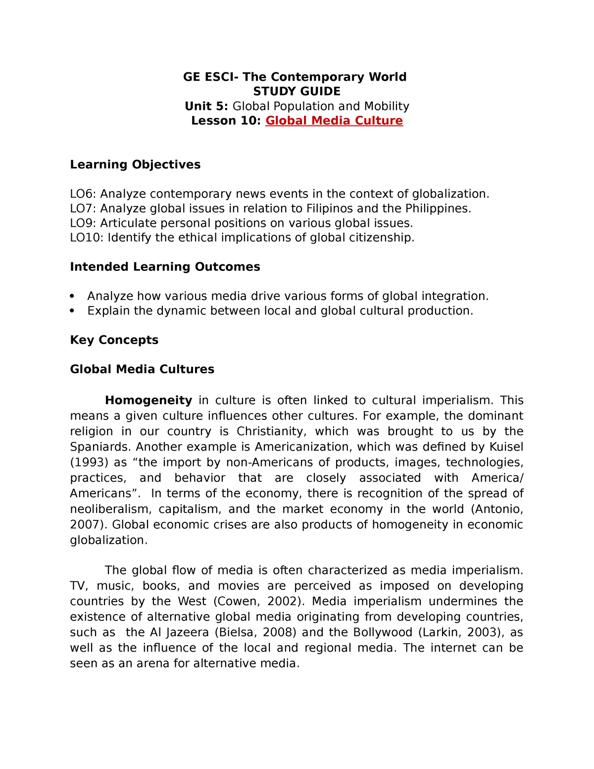 Lesson 10 Global Media Culture - GE The Contemporary World STUDY GUIDE ...