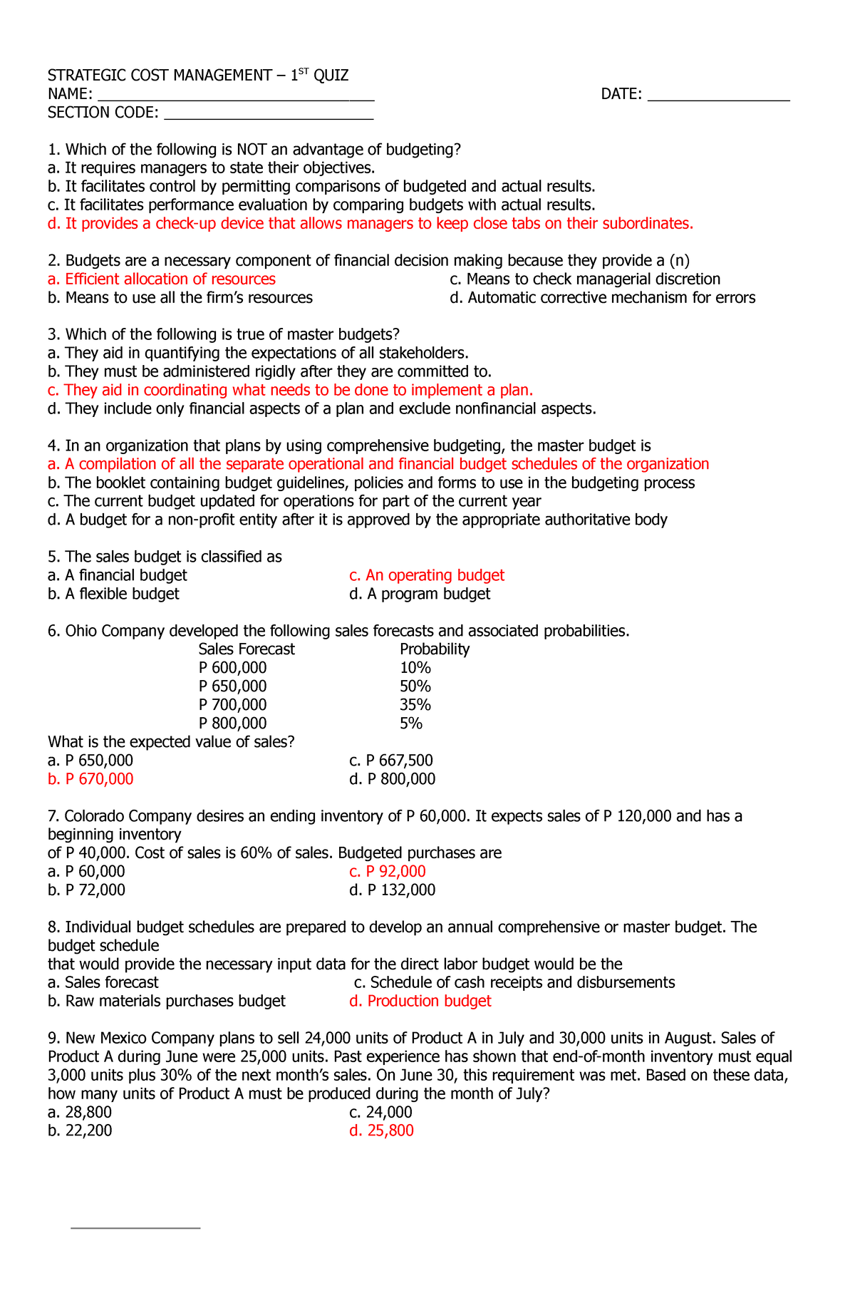 Quiz-Budgeting-Answer - STRATEGIC COST MANAGEMENT – 1ST QUIZ NAME