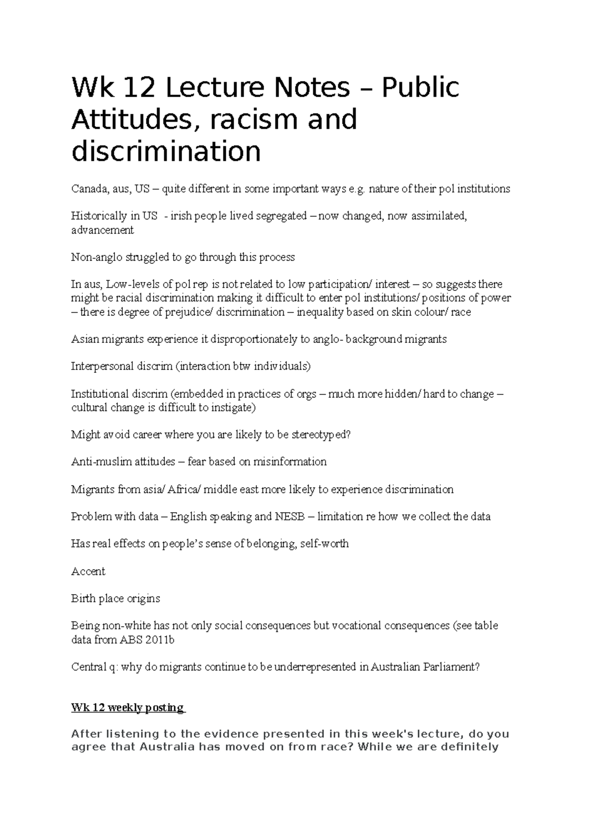 Wk 12 lecture notes - Wk 12 Lecture Notes – Public Attitudes, racism ...