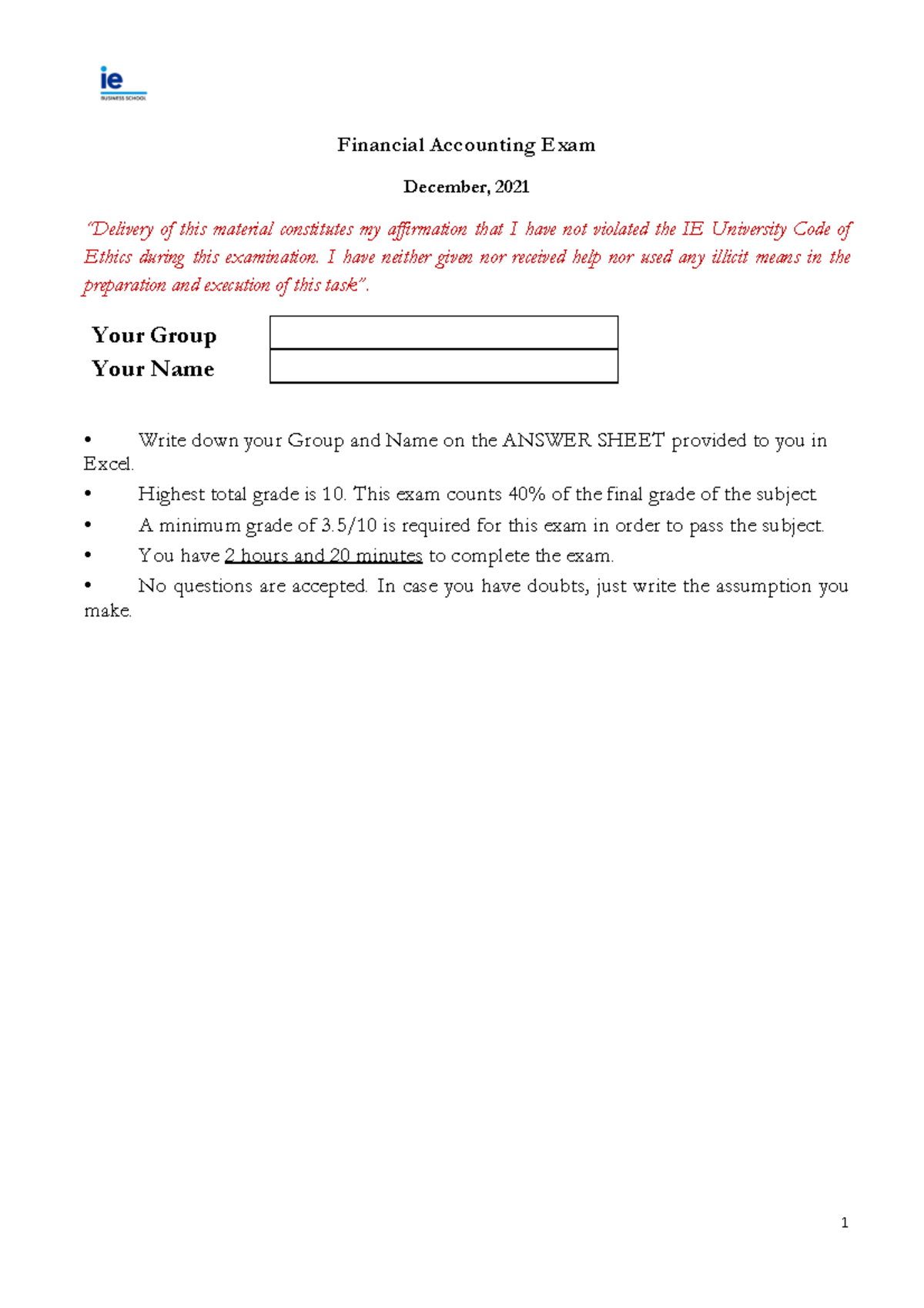 FA Final Exam - Financial Accounting Exam December, 2021 “Delivery Of ...