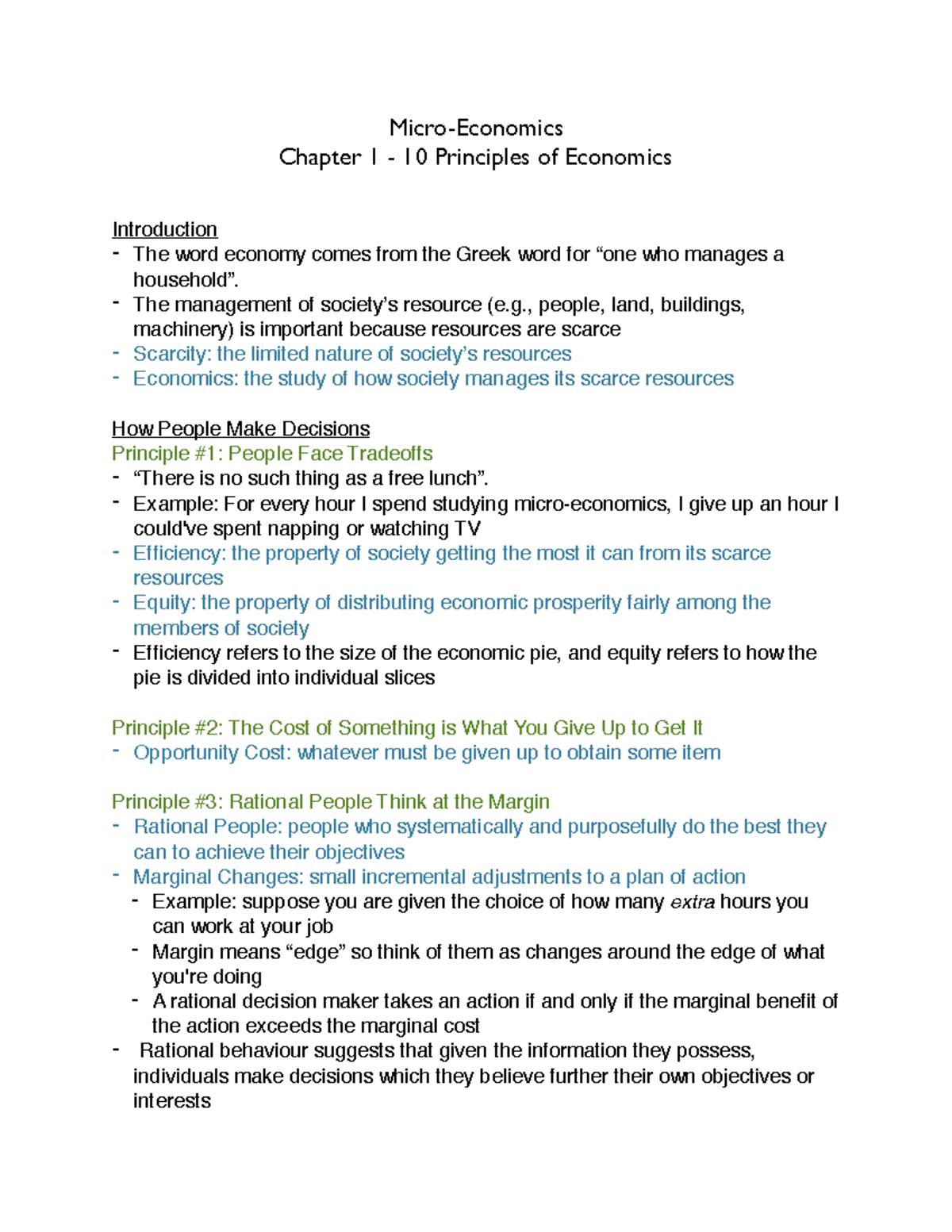 Lecture notes, lecture 1-6 - Micro-Economics Chapter 1 - 10 Principles ...