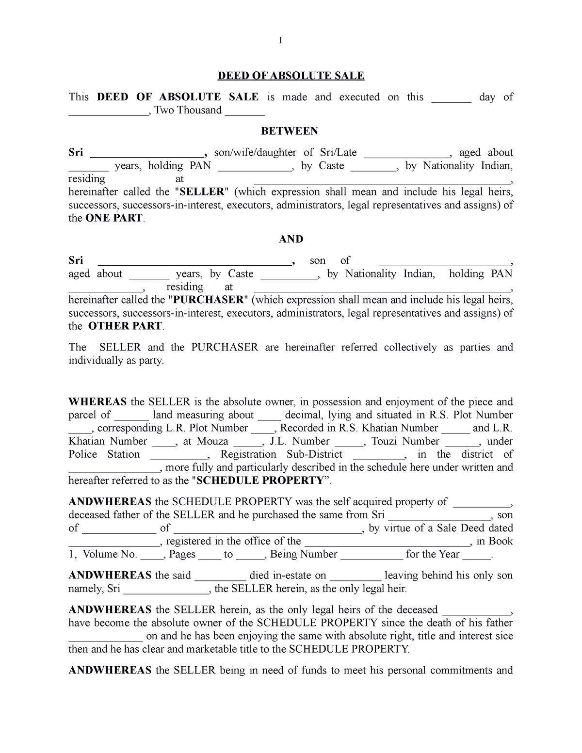 Model Sale Deed - DEED OF ABSOLUTE SALE This DEED OF ABSOLUTE SALE is ...