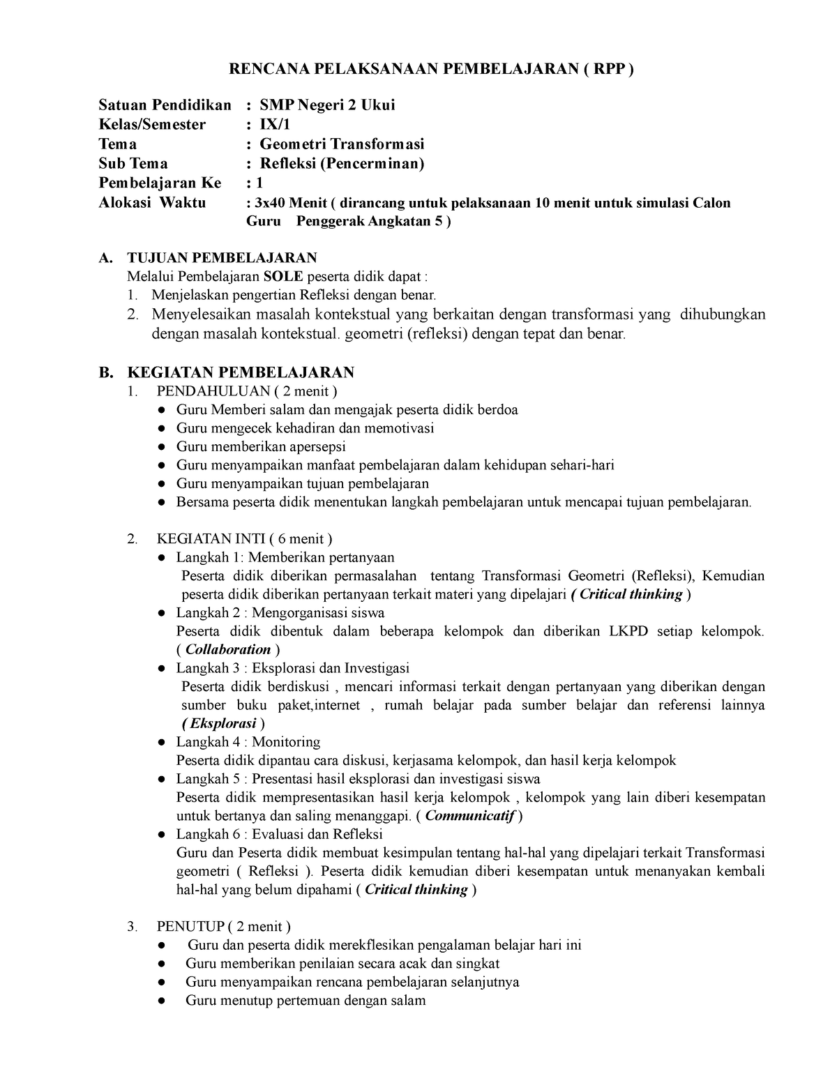 Rpp Transformasi Refleksi Matematika Smp Kelas Ix - RENCANA PELAKSANAAN ...