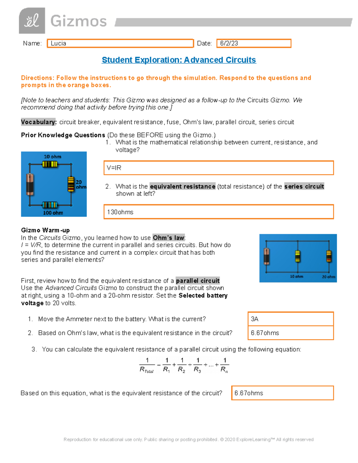 Advanced Circuits SE - PHysics - Name: Lucia Date: 6/2/ Student ...