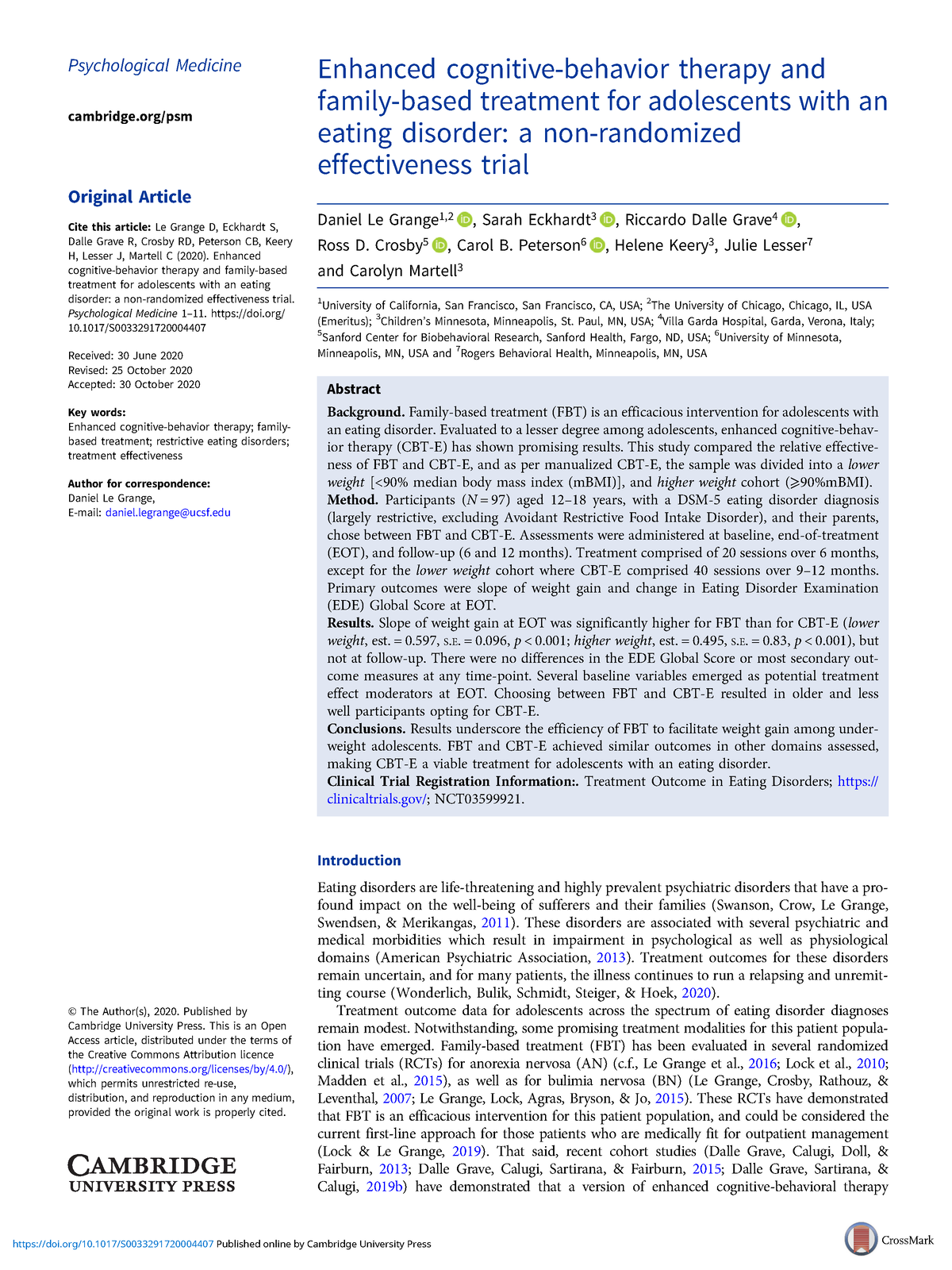 Le Grange 2020 - Erin - Psychological Medicine cambridge/psm Original ...