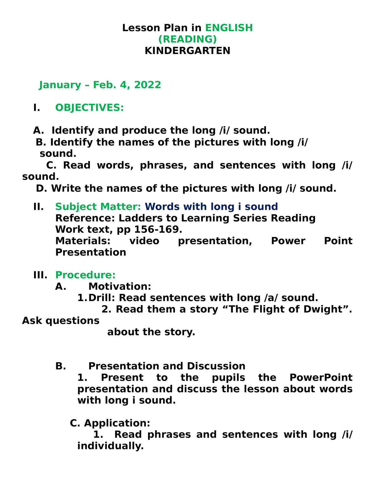 LP-4th Readingw 1 - LESSON PLAN - Lesson Plan In ENGLISH (READING ...