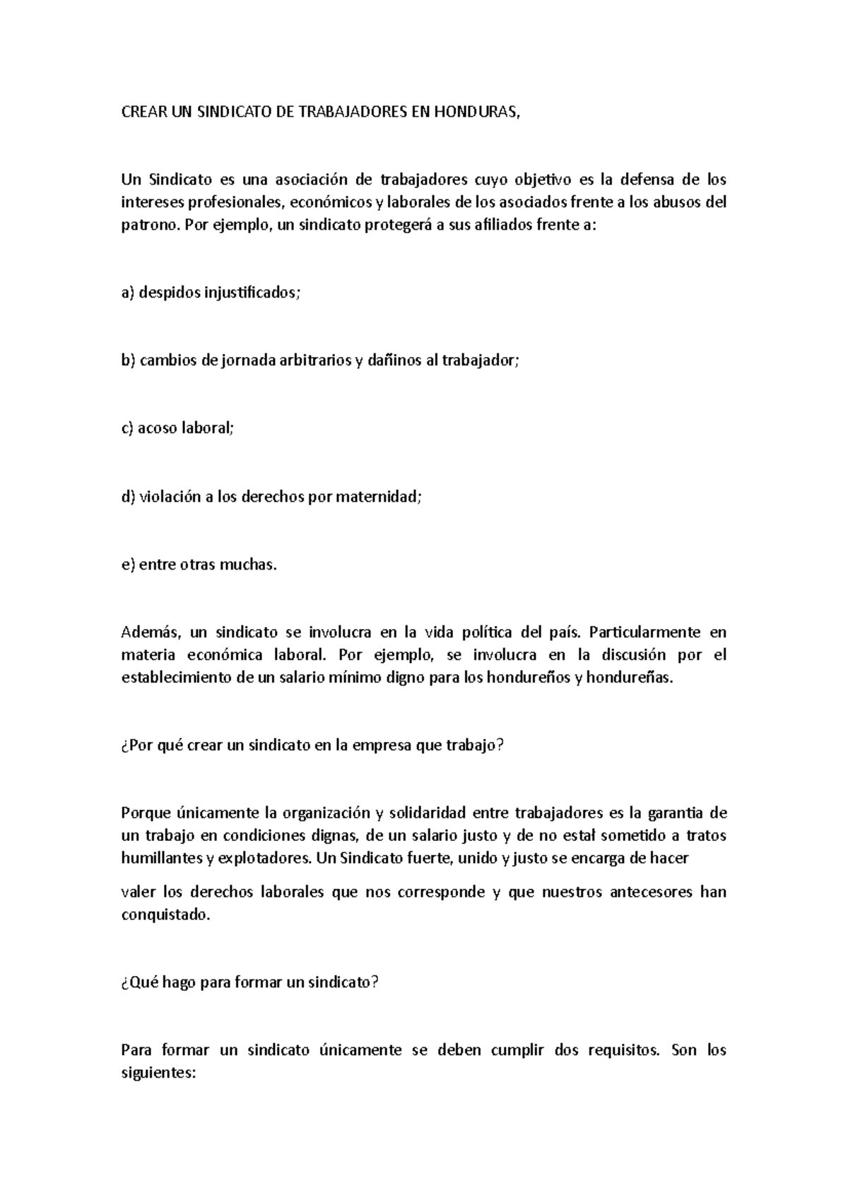 Crear UN Sindicato DE Trabajadores EN Honduras - CREAR UN SINDICATO DE ...