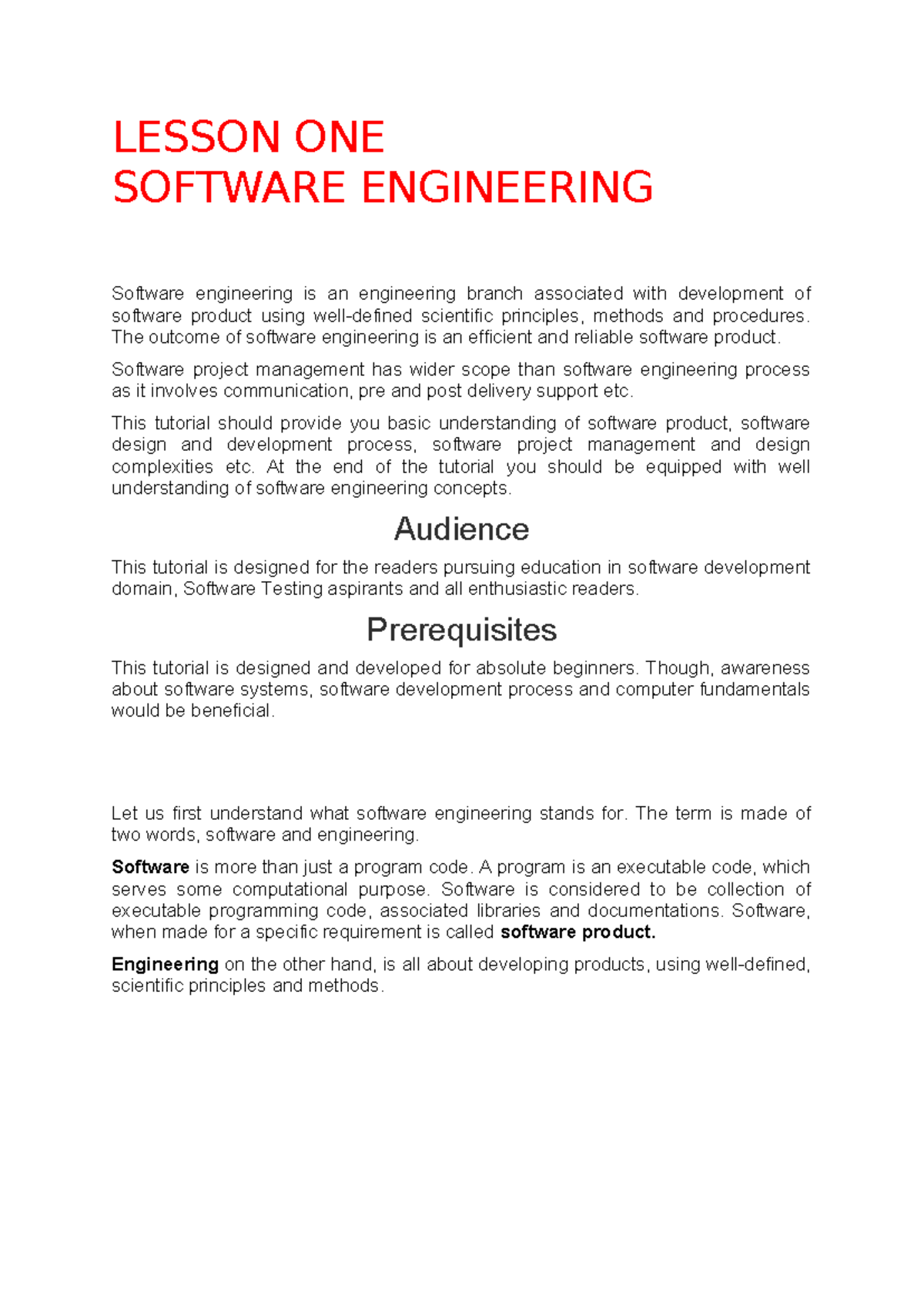 Lesson ONE - NOTYES - LESSON ONE SOFTWARE ENGINEERING Software ...
