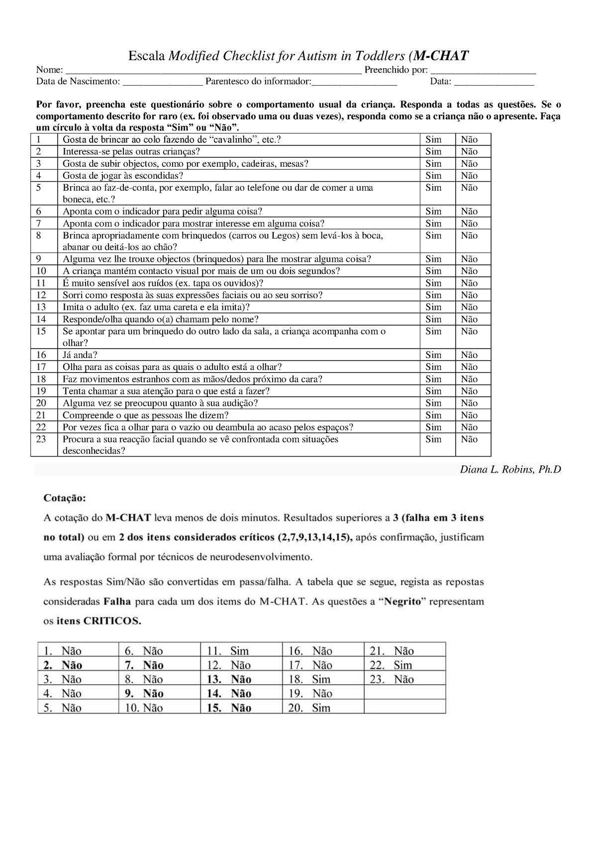 M-CHAT - PARA AVALIACAO - Escala Modified Checklist for Autism in ...