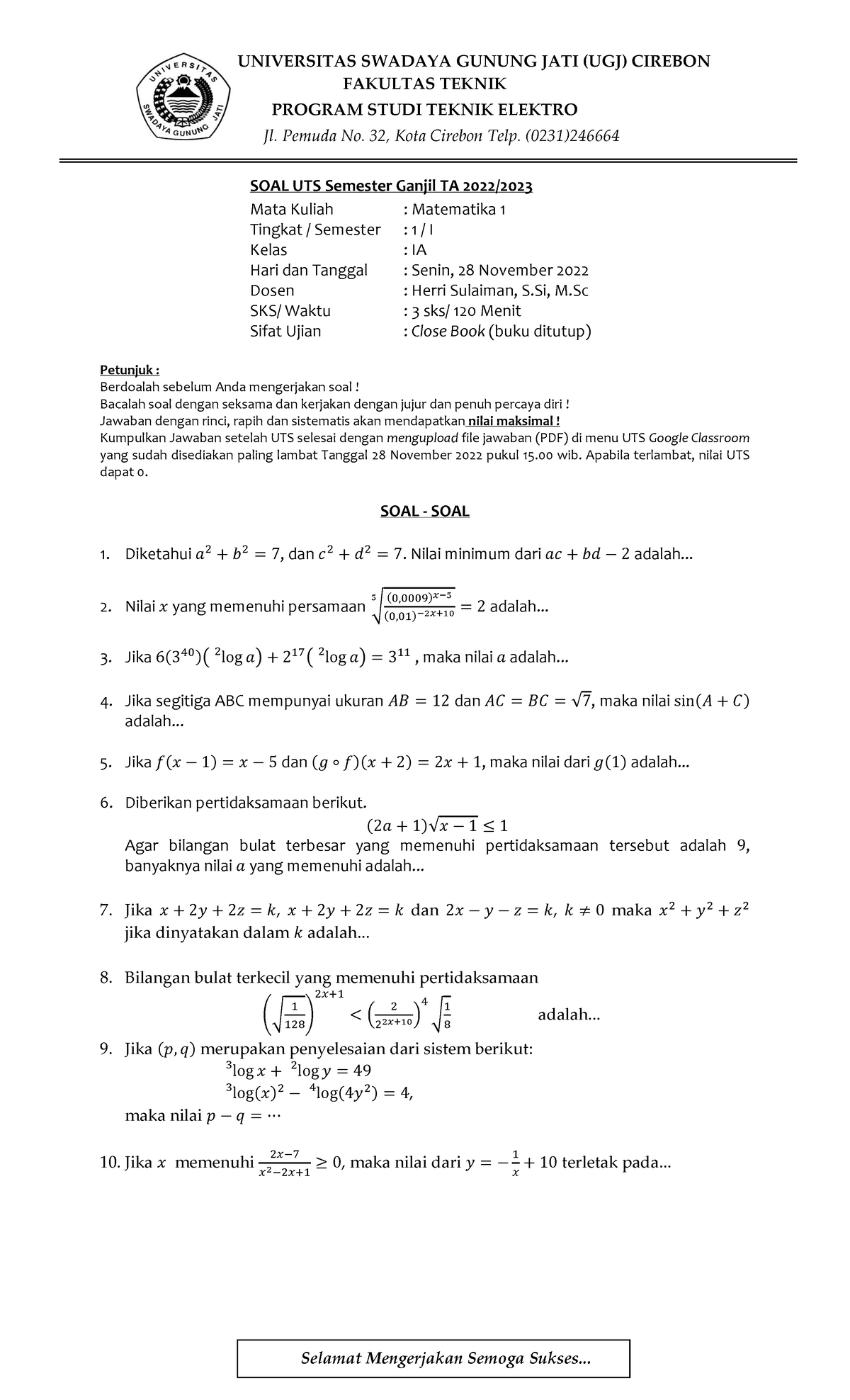 UTS 1A - mjuhygtfrdxcfvghjk,l - UNIVERSITAS SWADAYA GUNUNG JATI (UGJ ...