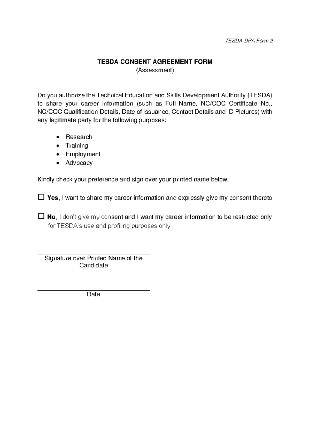 Tesda Consent Agreement Form - TESDA-DPA Form 2 TESDA CONSENT AGREEMENT ...