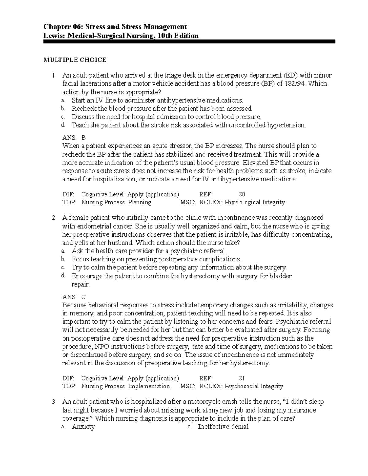 C6 - Chapter 06: Stress and Stress Management Lewis: Medical-Surgical ...