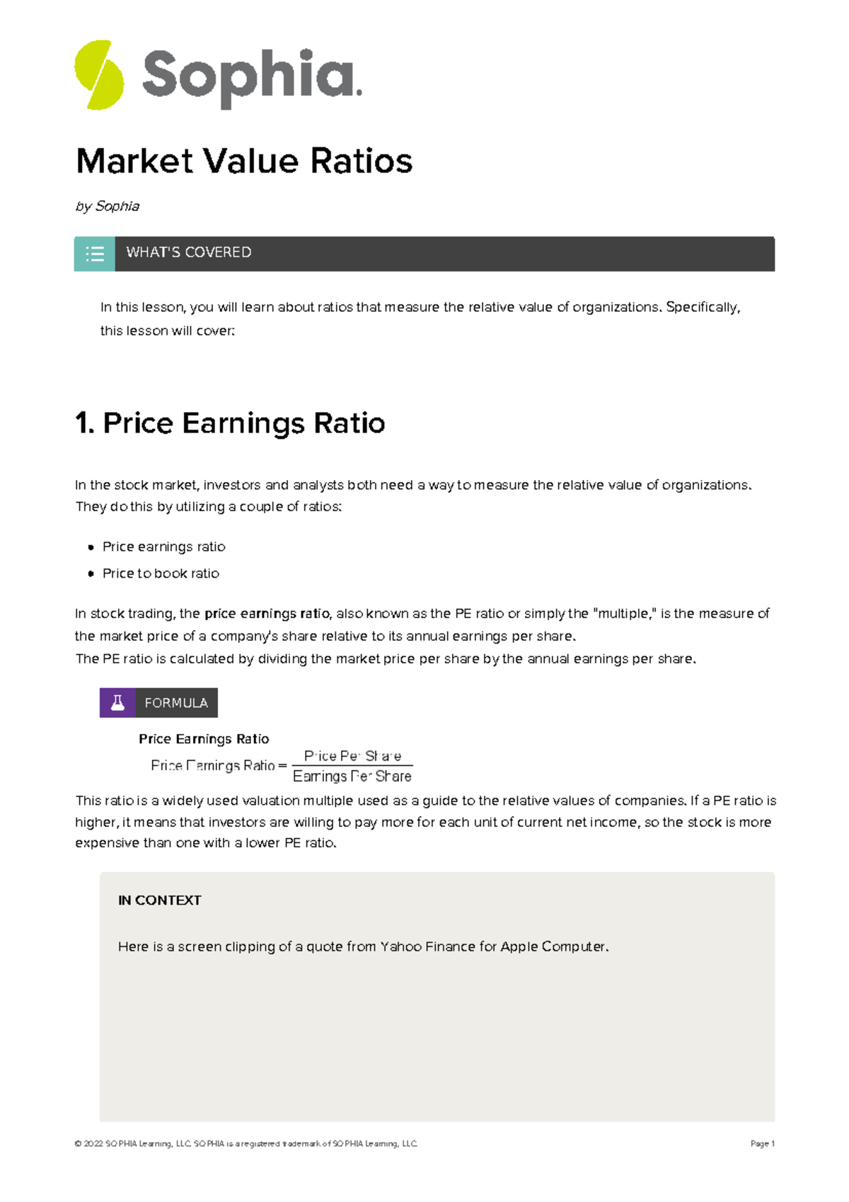 Market value ratios - Market Value Ratios by Sophia In this lesson, you ...