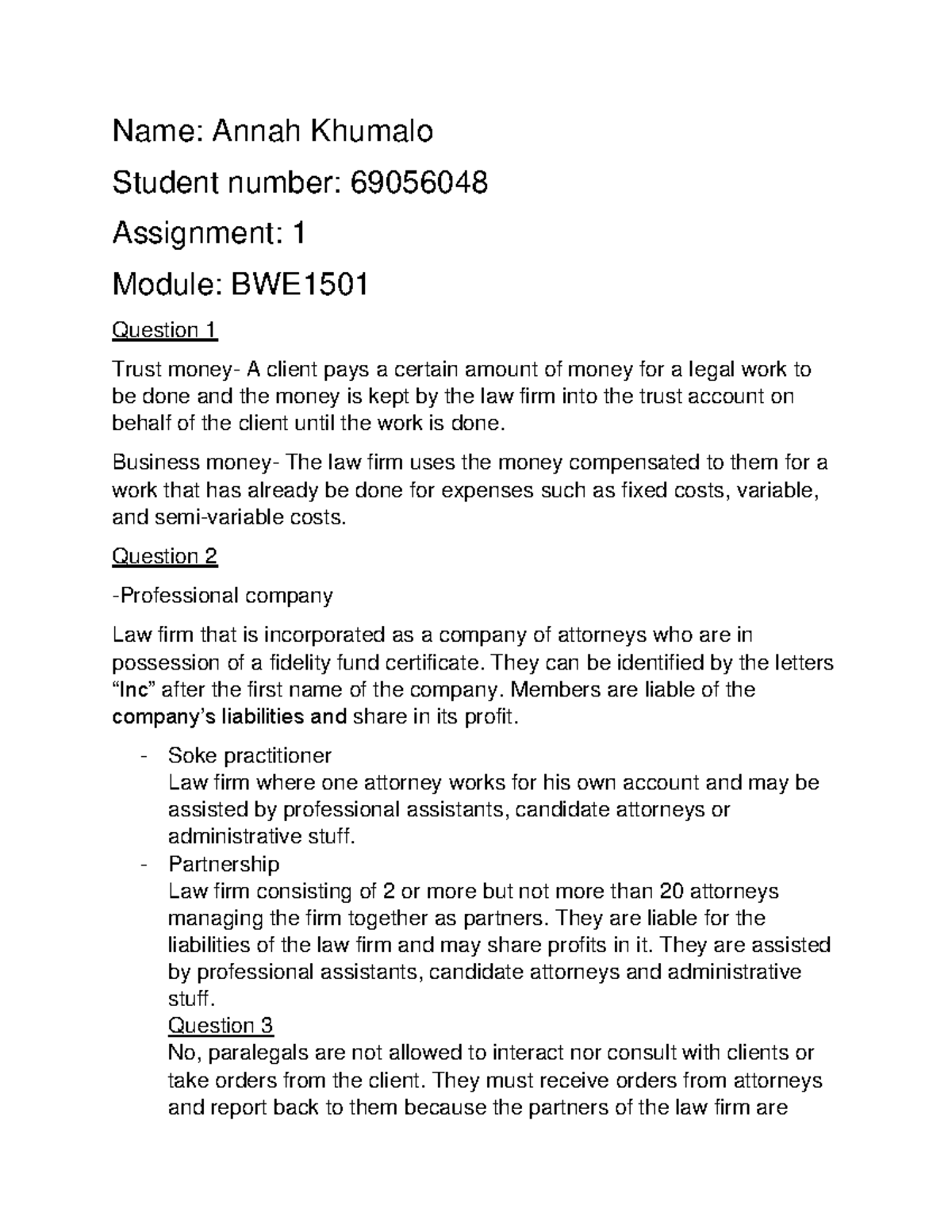Business and workplace ethics assignment 2 2022 - Name: Annah Khumalo ...