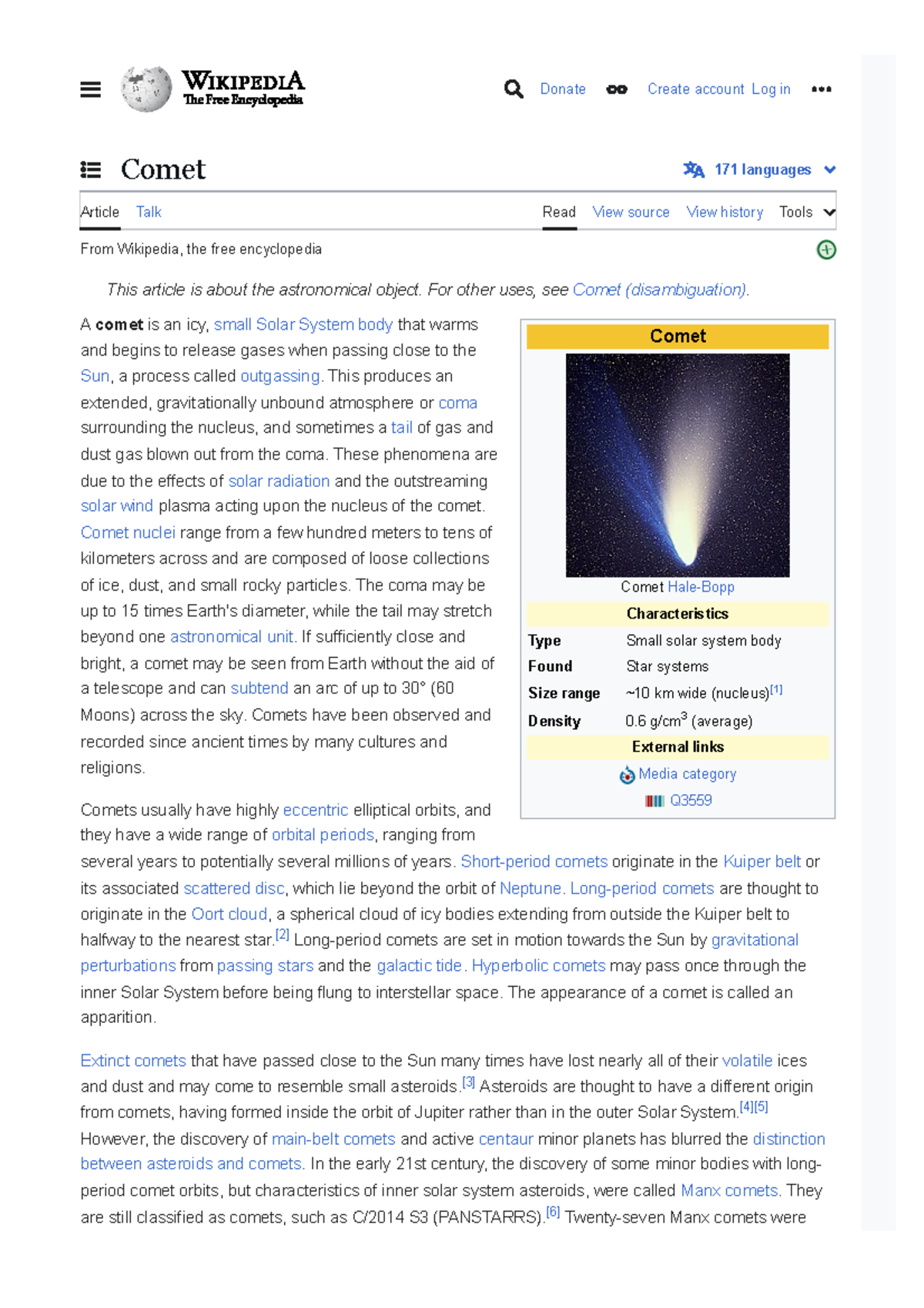 En-wikipedia-org-w... 10 - Comet 171 languages Article Talk Read View ...