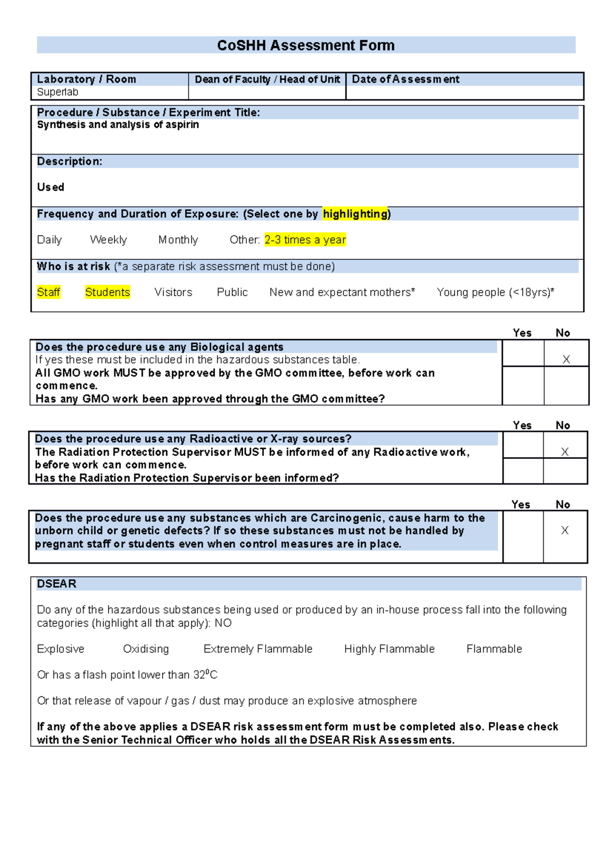 Co SHH synthesis and analysis of aspirin CoSHH Assessment Form