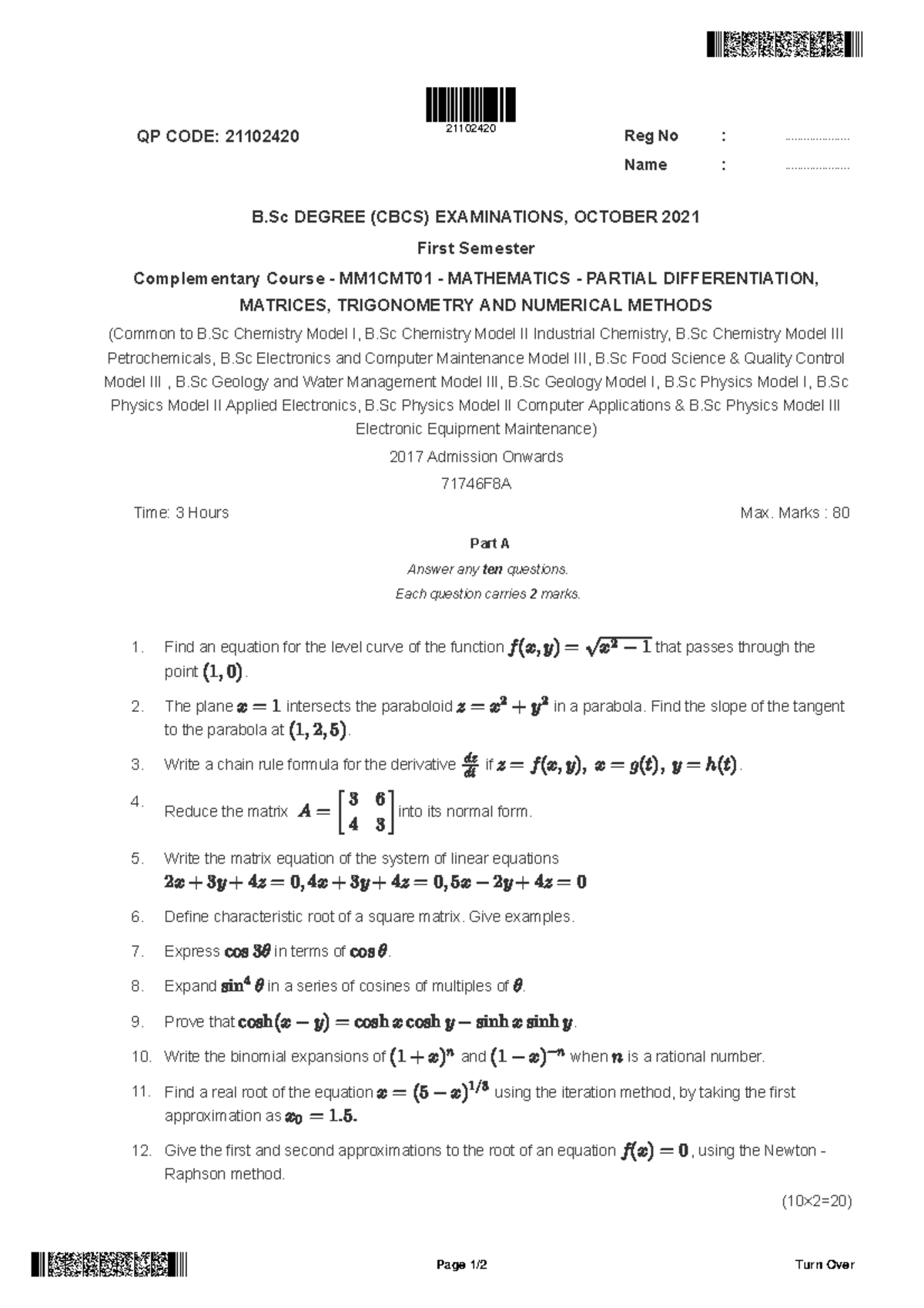 Previous year question paper-1st SEM complimentary maths - QP CODE ...