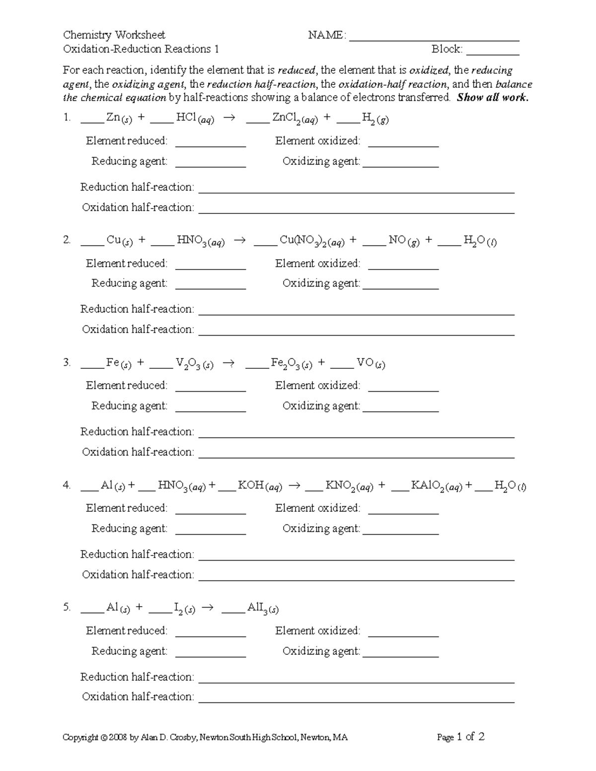 WS-redox-1 - Mediastino Medio: grandes vasos - Chemistry Worksheet NAME ...