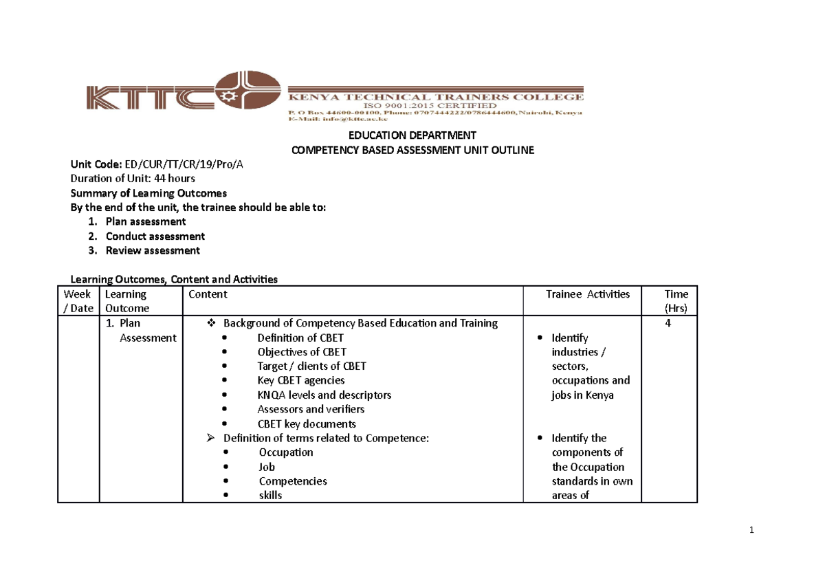 CBA Course Outline - CBA - EDUCATION DEPARTMENT COMPETENCY BASED ...