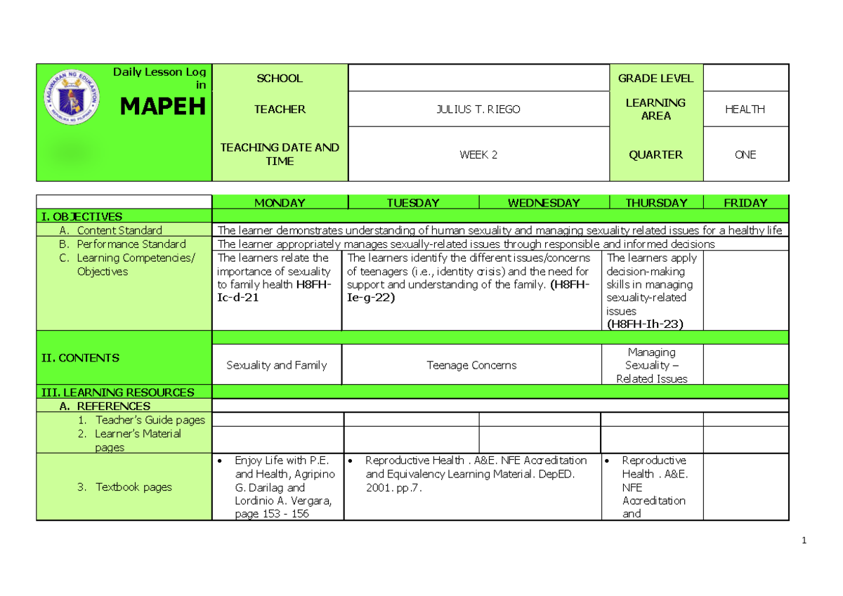 Q1 Grade 8 Health DLL Week 2 - MONDAY TUESDAY WEDNESDAY THURSDAY FRIDAY ...