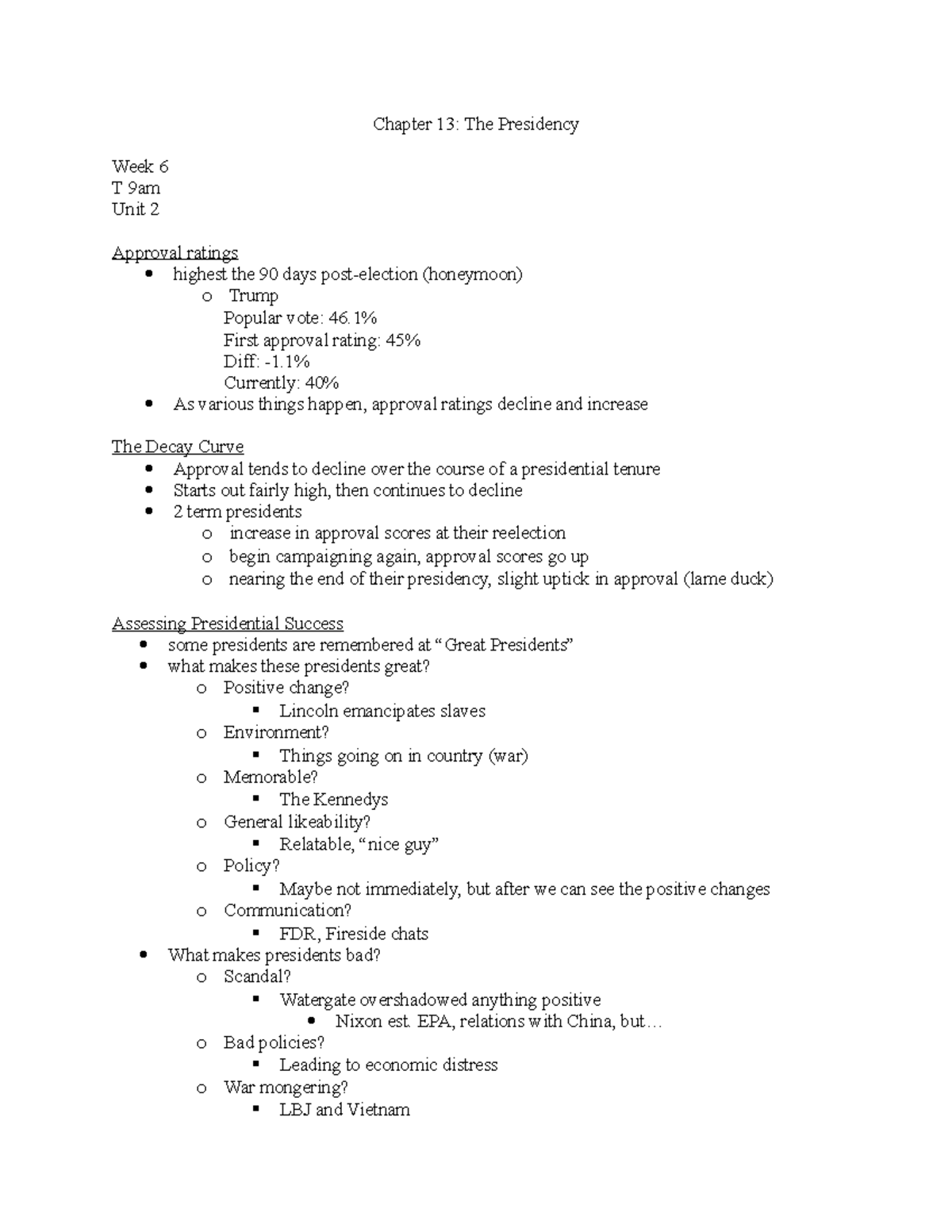 U.S. Government Lecture Notes - Chapter 13: The Presidency Week 6 T 9am ...