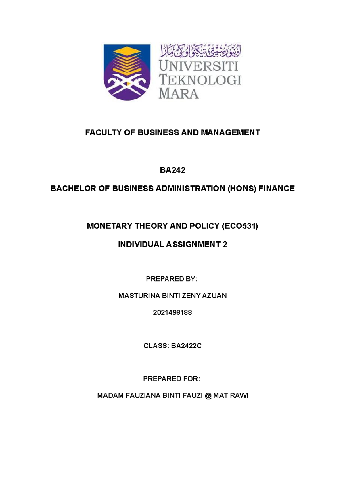 Individual Assignment 2 - FACULTY OF BUSINESS AND MANAGEMENT BA ...