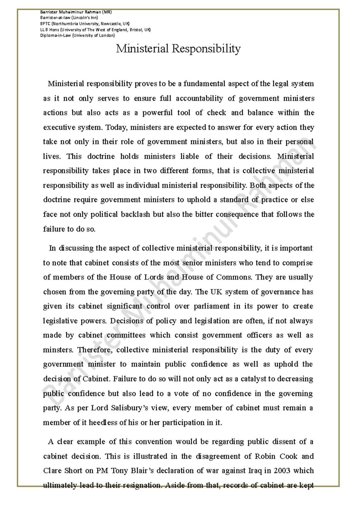 Ministerial Responsibility Essay- MR - BPTC (Northumbria University ...