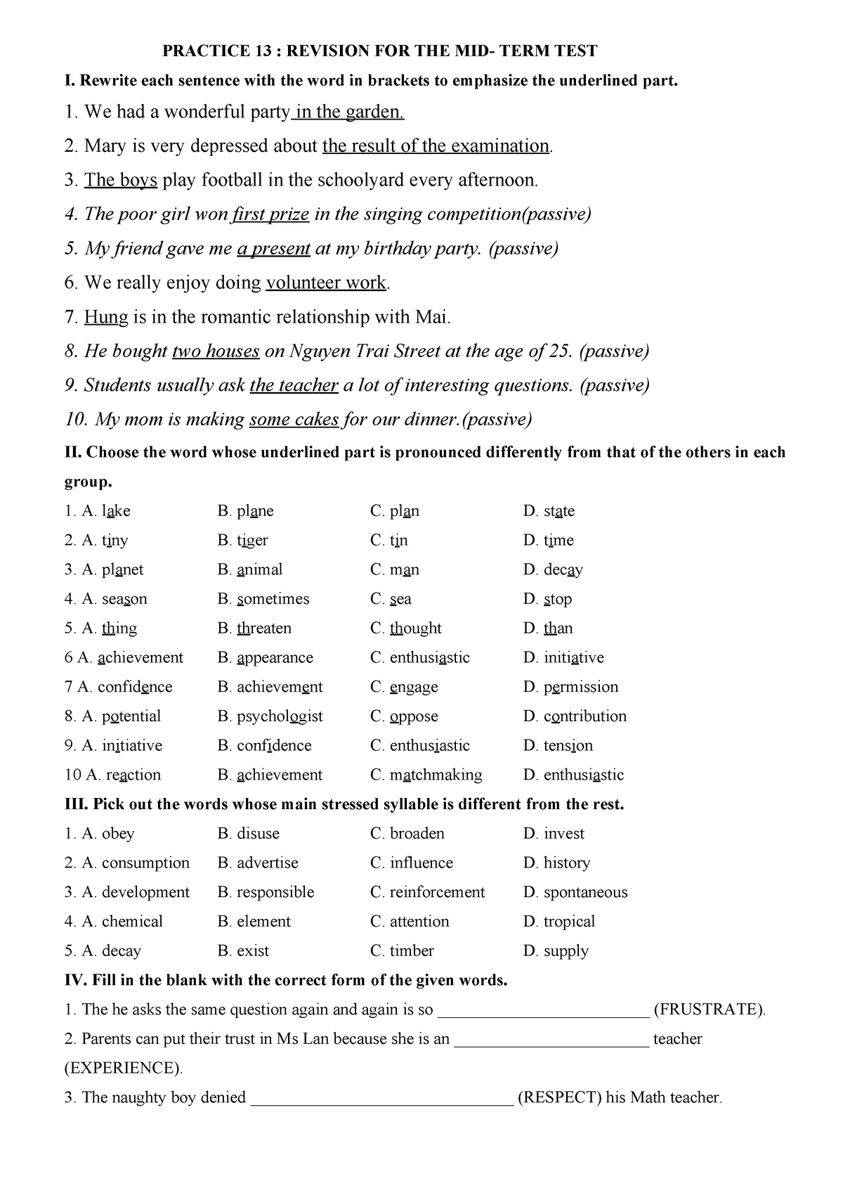 PRAC 13 Revision - TIẾNG ANH 1111 - PRACTICE 13 : REVISION FOR THE MID ...