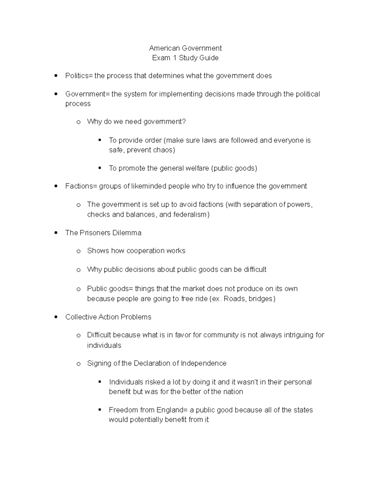 Exam 1 Study Guide American Government - American Government Exam 1 ...