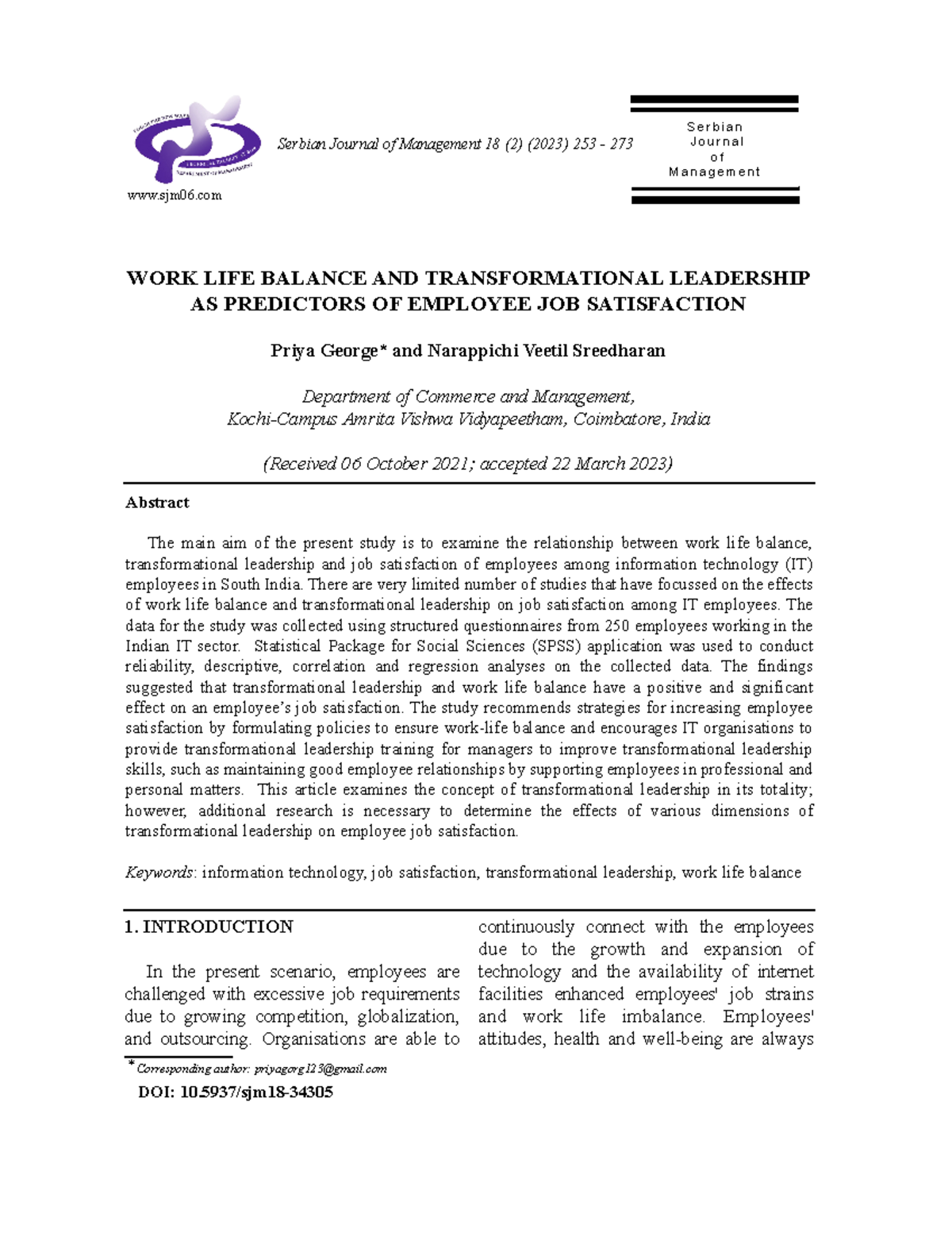 Work life balance and transformational leadership - 1. INTRODUCTION In ...