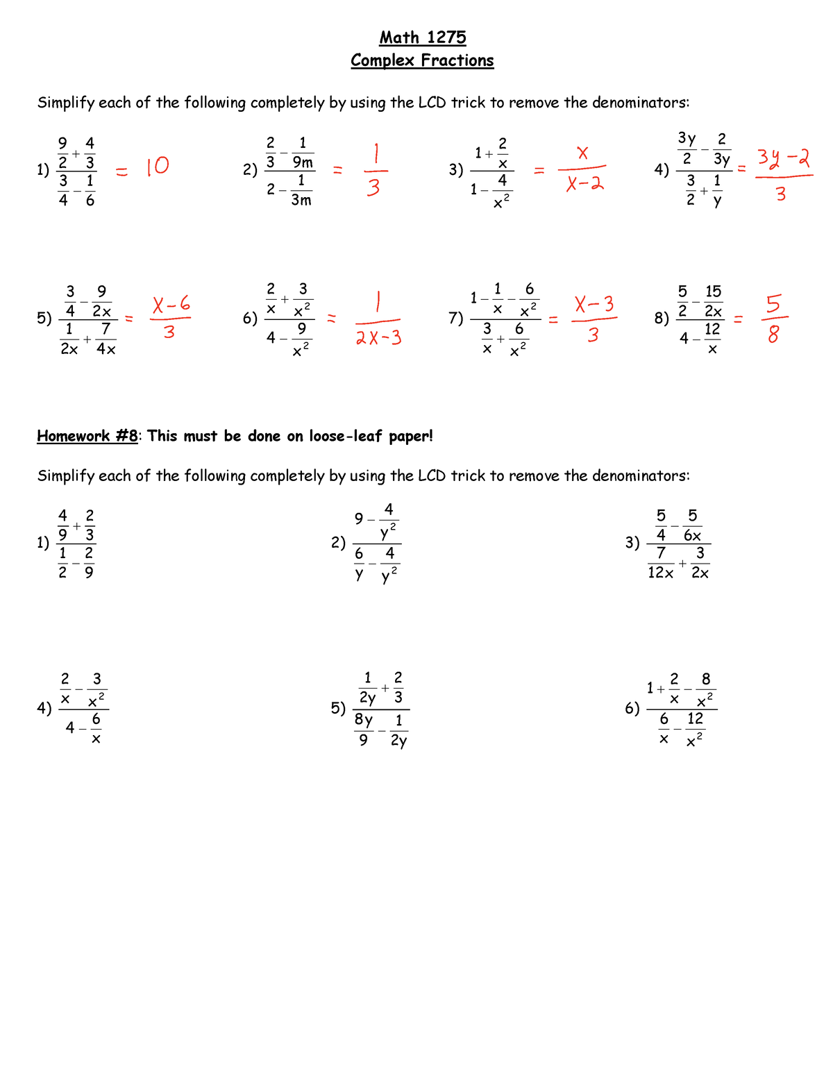 8 Complex fract - Math 1275 Complex Fractions Simplify each of the ...