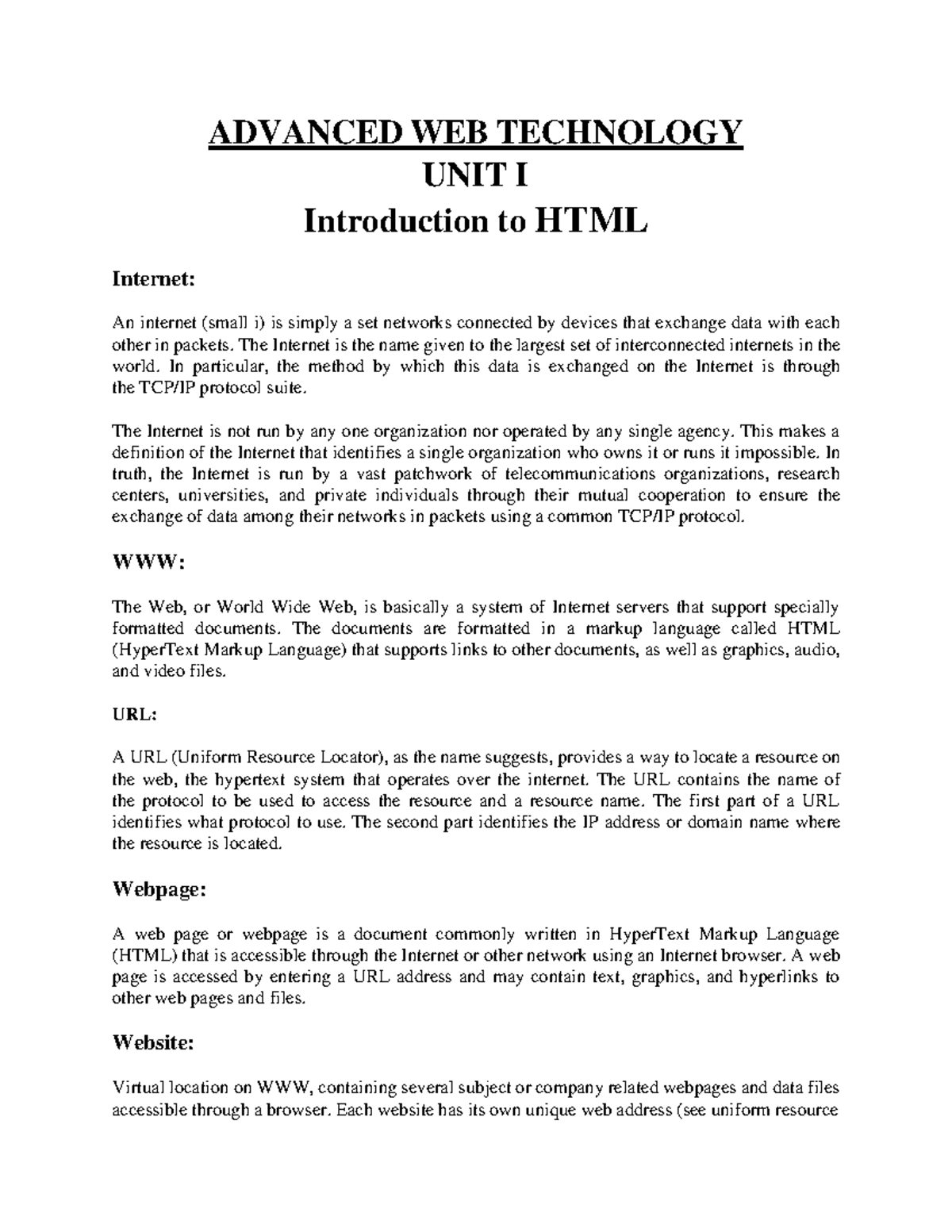 AWT - Module 1 - ADVANCED WEB TECHNOLOGY UNIT I Introduction To HTML ...