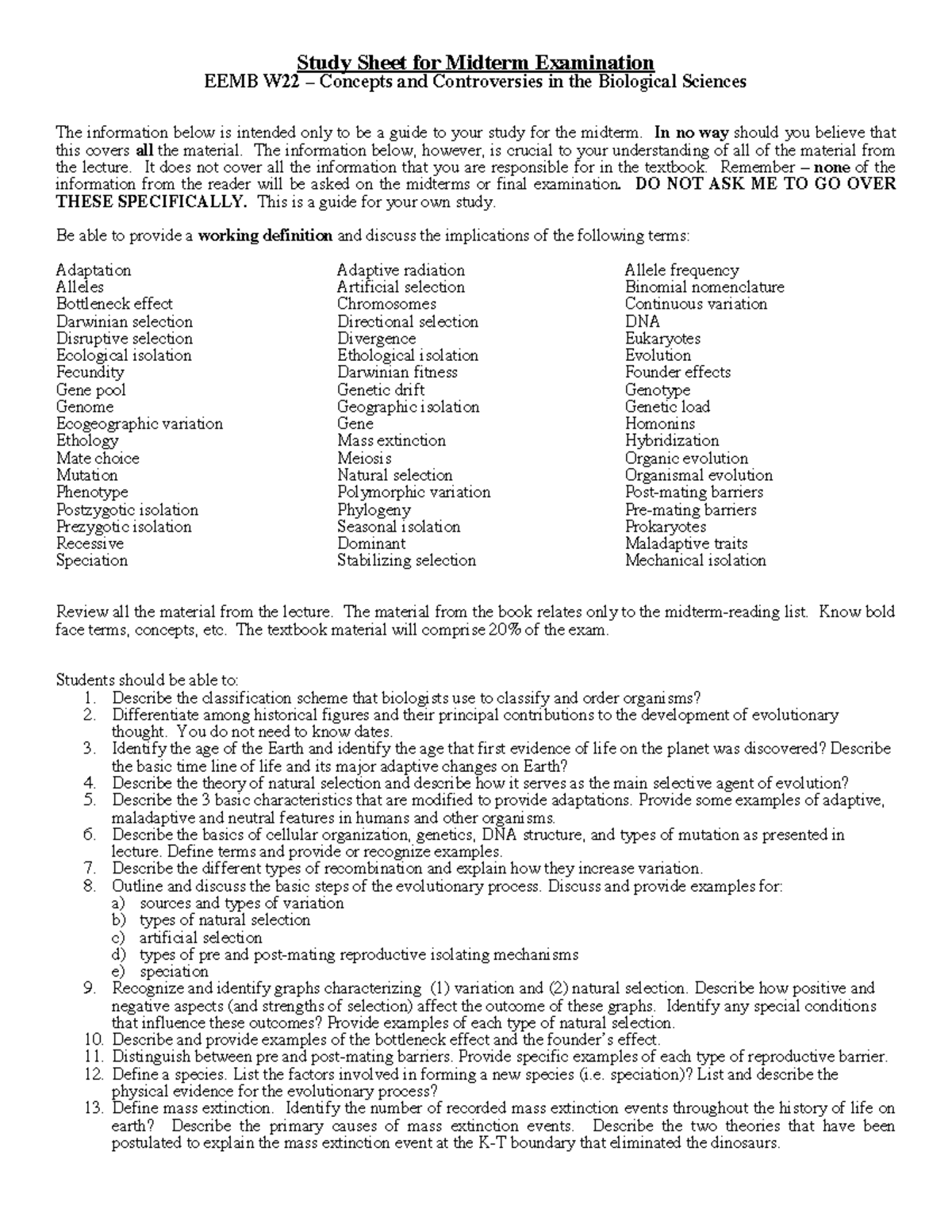 Midterm Study Guide - Topics summarizing the first half of the course ...