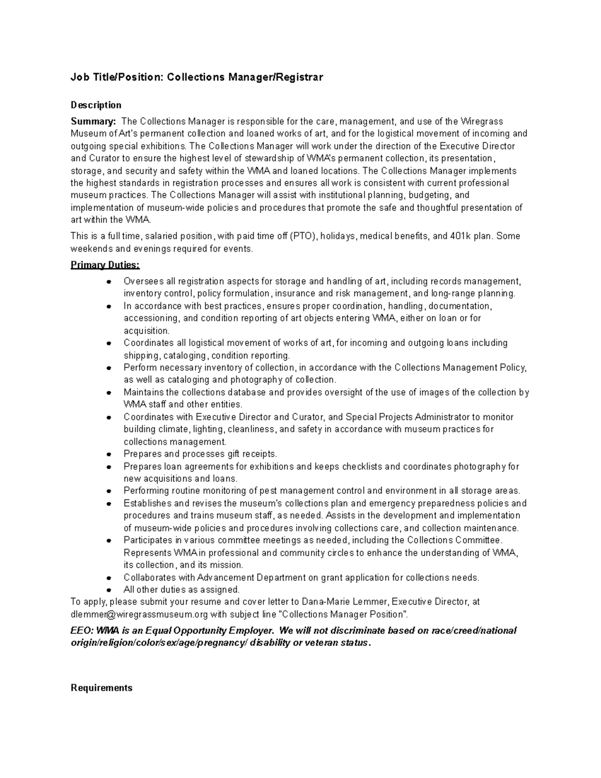 Job Description AAD380 Job Title/Position Collections Manager